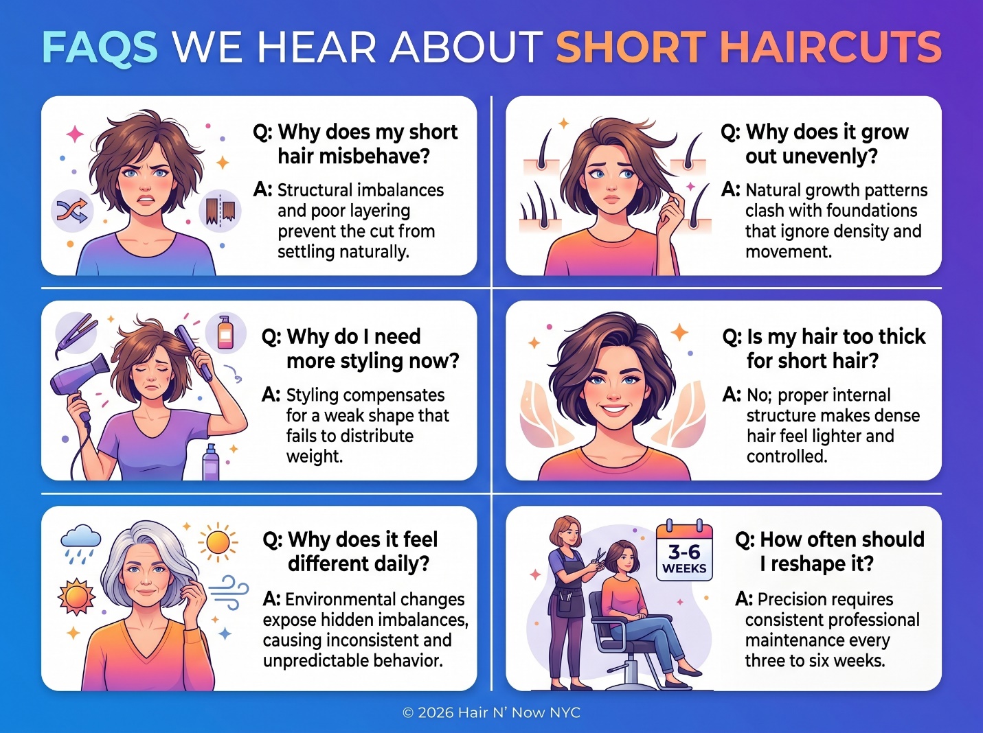 FAQ infographic answering common short haircut questions about misbehavior, uneven grow-out, styling effort, thick hair, daily differences, and reshape timing.