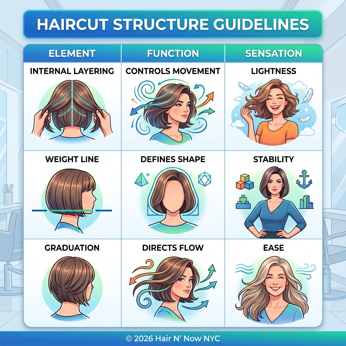 Haircut structure guidelines infographic showing internal layering, weight line, graduation, controls movement, defines shape, stability, directs flow, and ease.