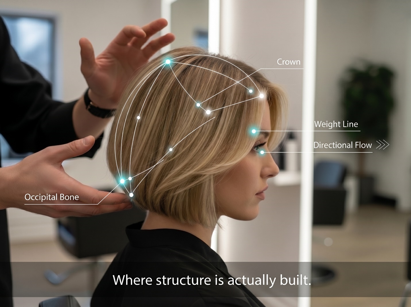 Architectural salon view of short blonde hair with overlay labels for crown, occipital bone, weight line, and directional flow.