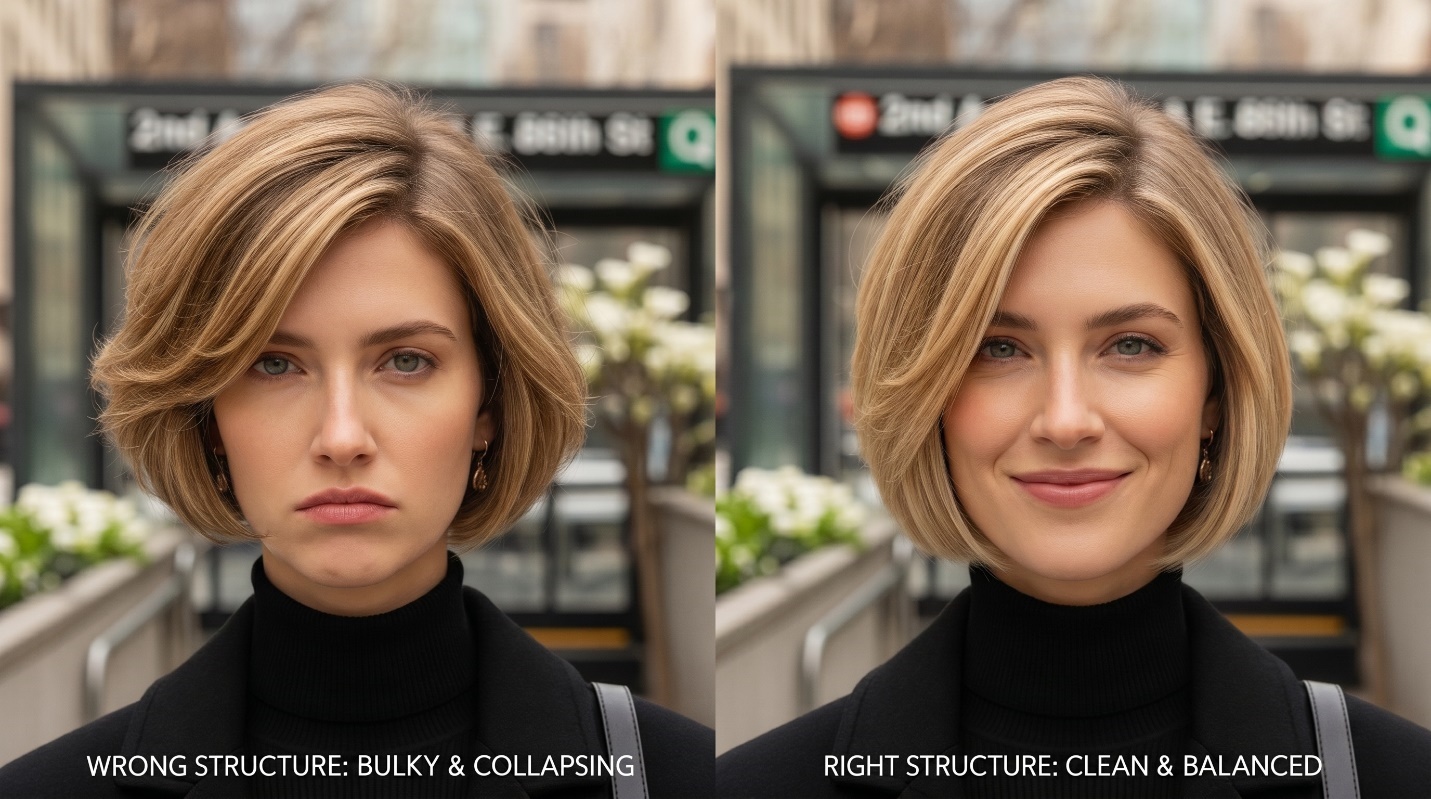 Wrong-versus-right hero image showing a Textured French Bob short haircut near the 2nd Avenue Q train, comparing bulky collapsed structure with clean balanced structure.