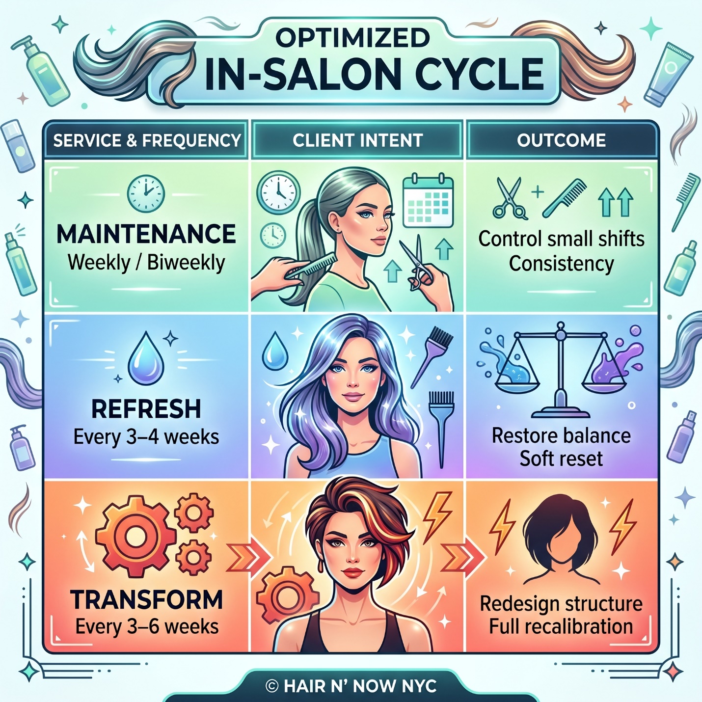 Optimized in-salon cycle infographic showing maintenance, refresh, and transform timing for short hair structure.