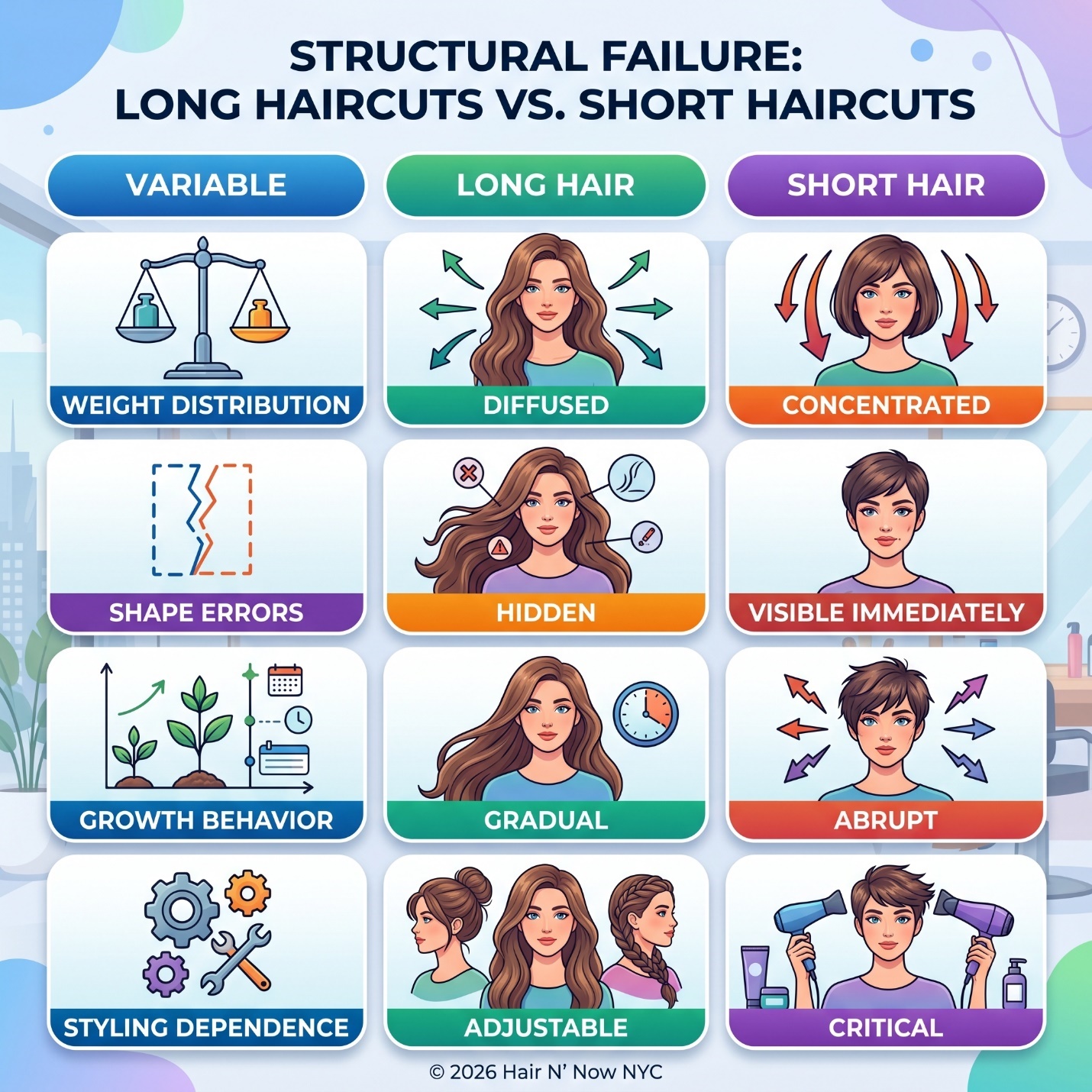 Infographic explaining why long haircuts hide imbalance while short haircuts expose weight distribution, shape errors, and growth behavior faster.