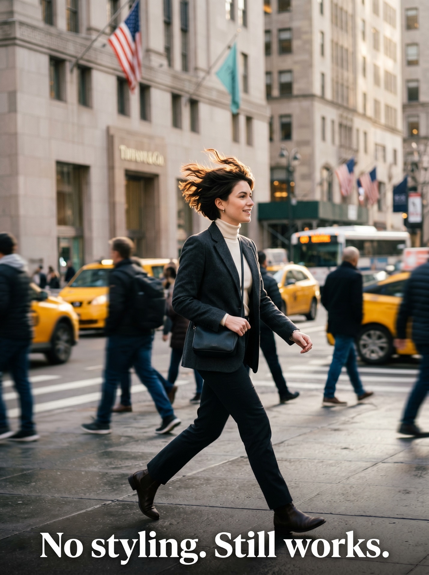 Editorial street-style movement shot of a woman with a Bixie haircut walking through Midtown Manhattan with the caption No styling. Still works.