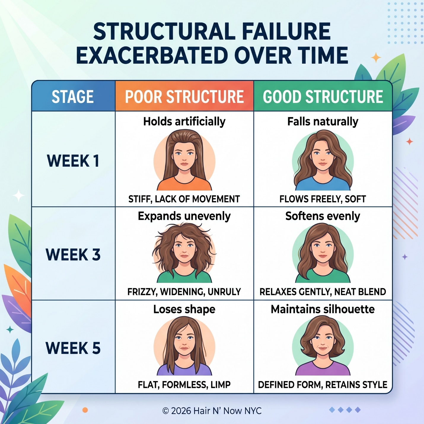 Structural failure over time infographic comparing poor structure and good structure at week one, week three, and week five.
