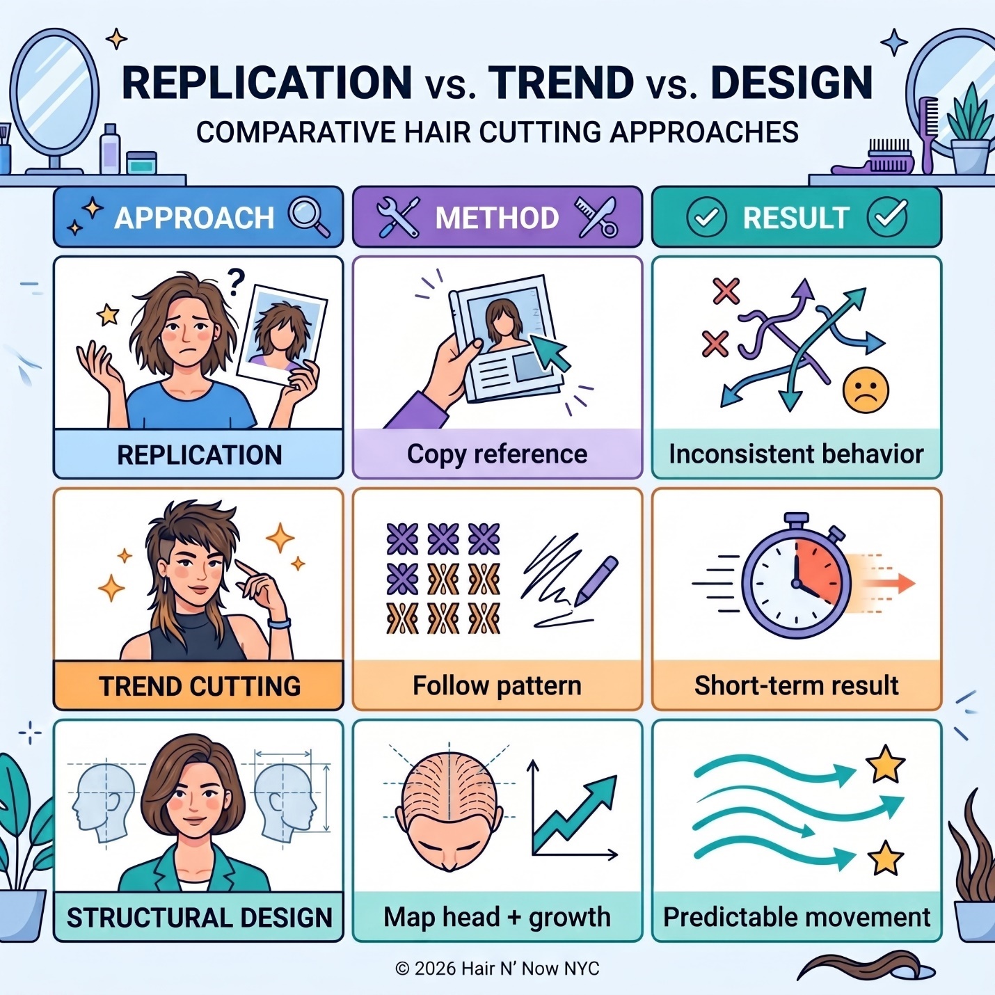 Infographic comparing haircut replication, trend cutting, and structural design across approach, method, and result.