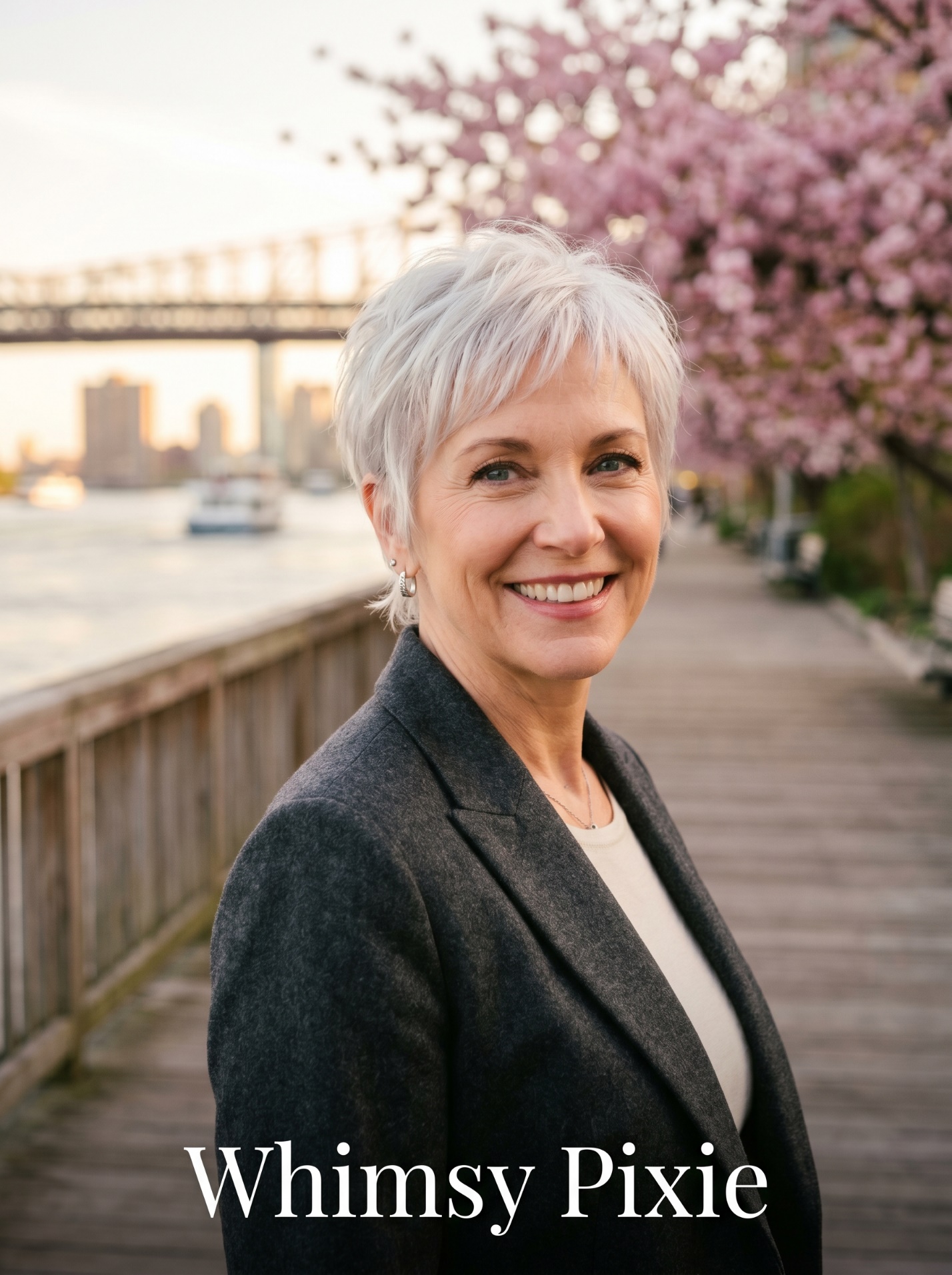 Portrait of a woman with a Whimsy Pixie haircut on the Carl Schurz Park boardwalk in Yorkville.