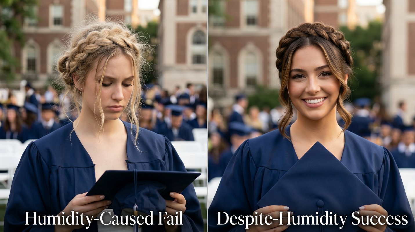 Side-by-side graduation updo comparison showing cap-related humidity collapse and a polished despite-humidity success.