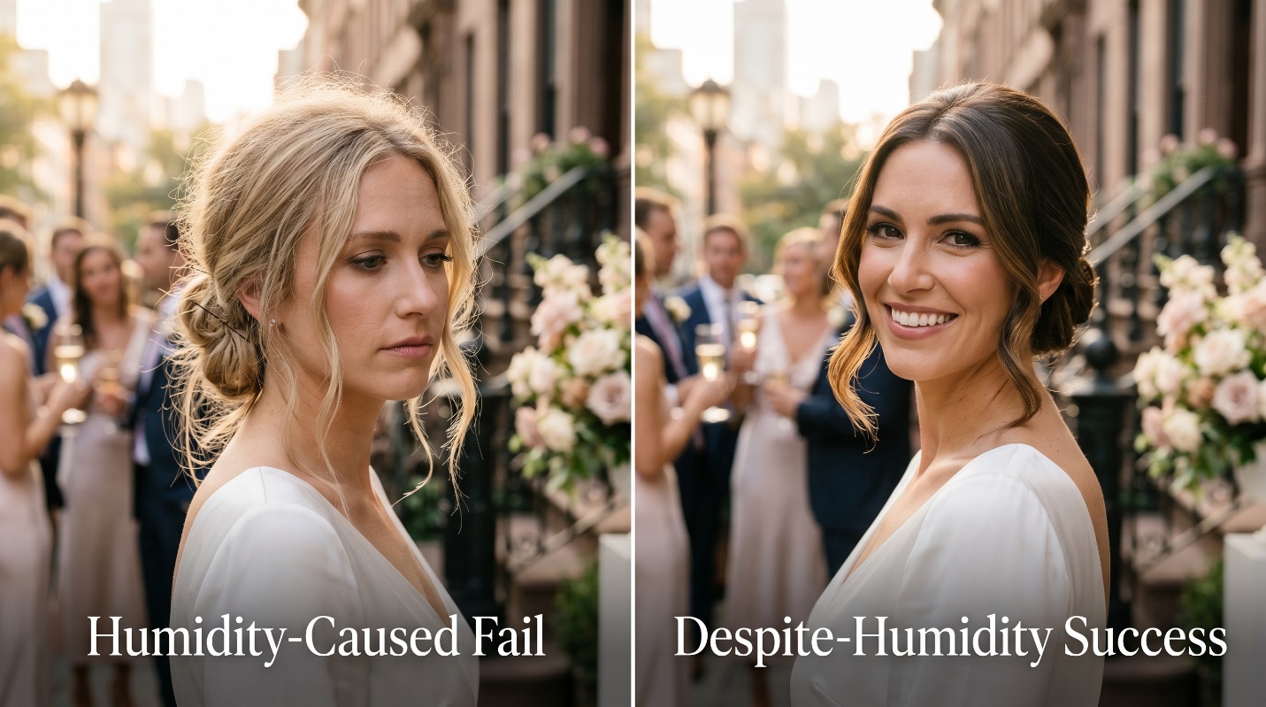 Side-by-side bridal updo comparison showing a humidity-caused fail and a despite-humidity success at an Upper East Side summer wedding.