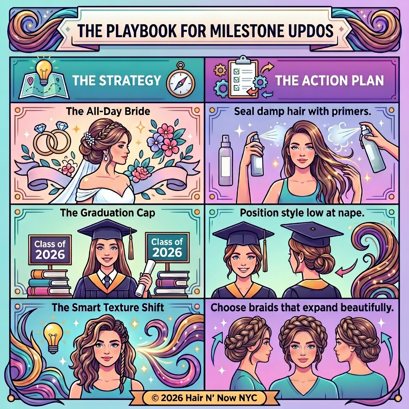 The Playbook for Milestone Updos infographic showing bride, graduation cap, and textured braid strategies for humidity-proof updos.