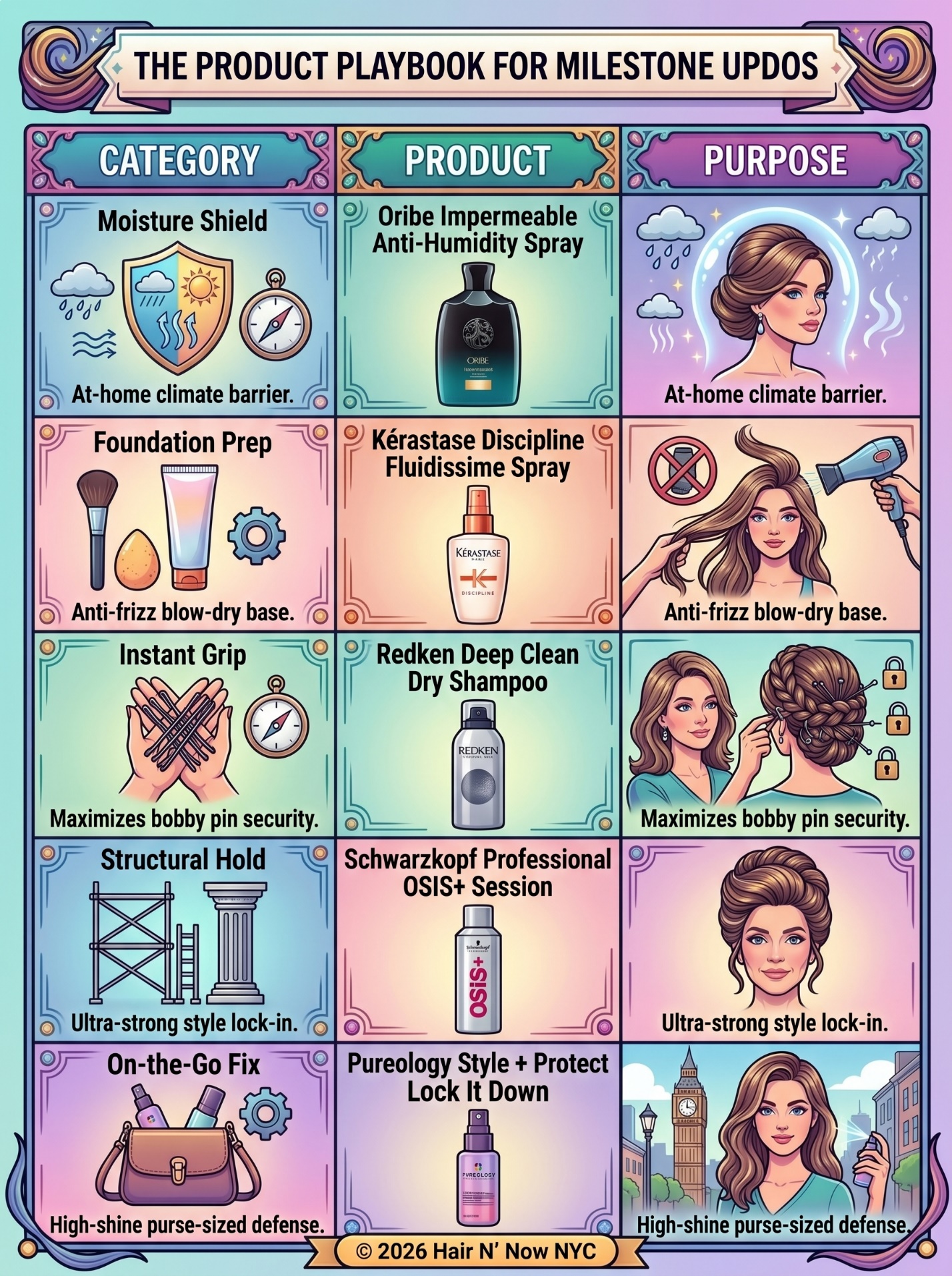 Product playbook infographic for milestone updos with professional anti-humidity prep, grip sprays, hold systems, and on-the-go fixes.
