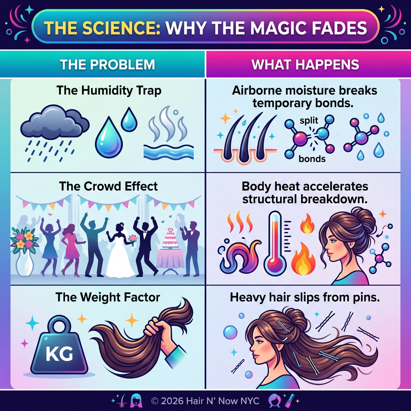 Infographic explaining why summer humidity, crowd heat, and water weight make formal updos lose structural hold.