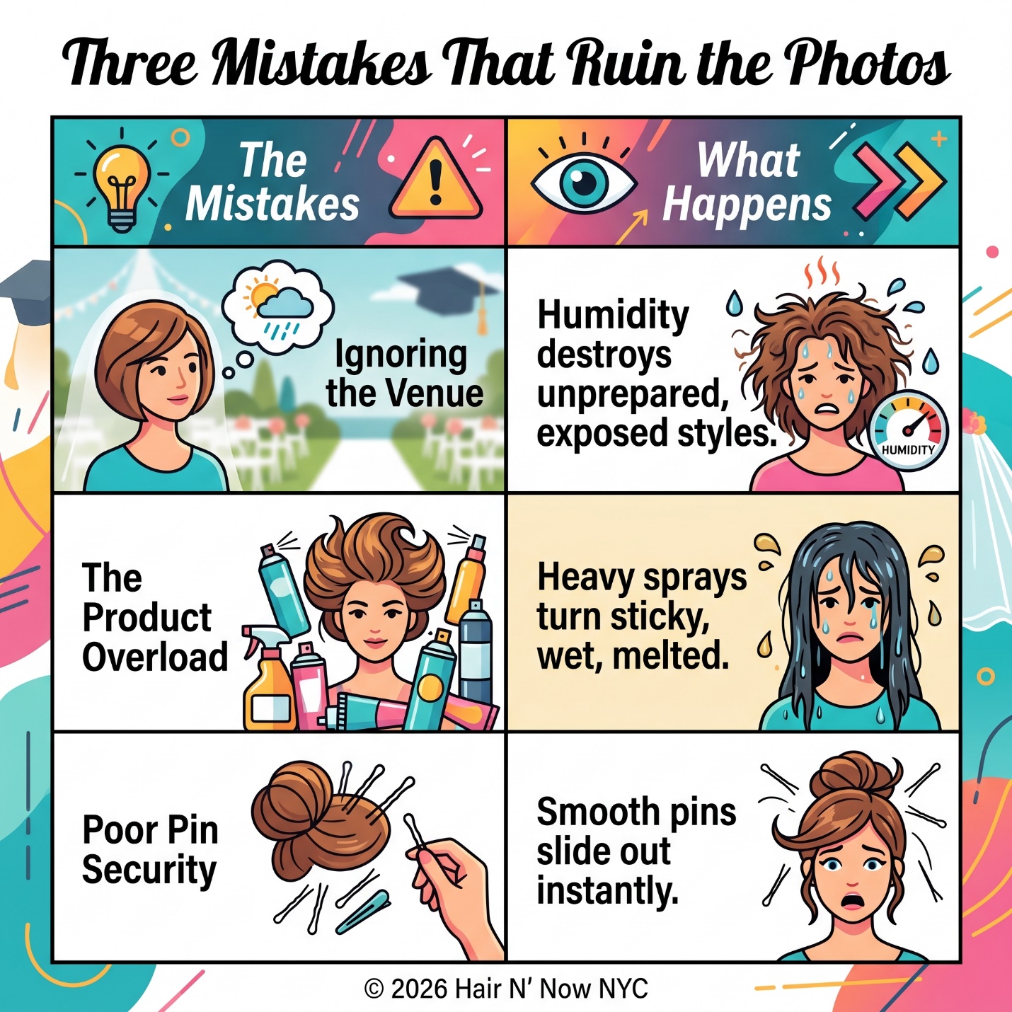 Three Mistakes That Ruin the Photos infographic covering ignored venues, product overload, and poor pin security for milestone updos.