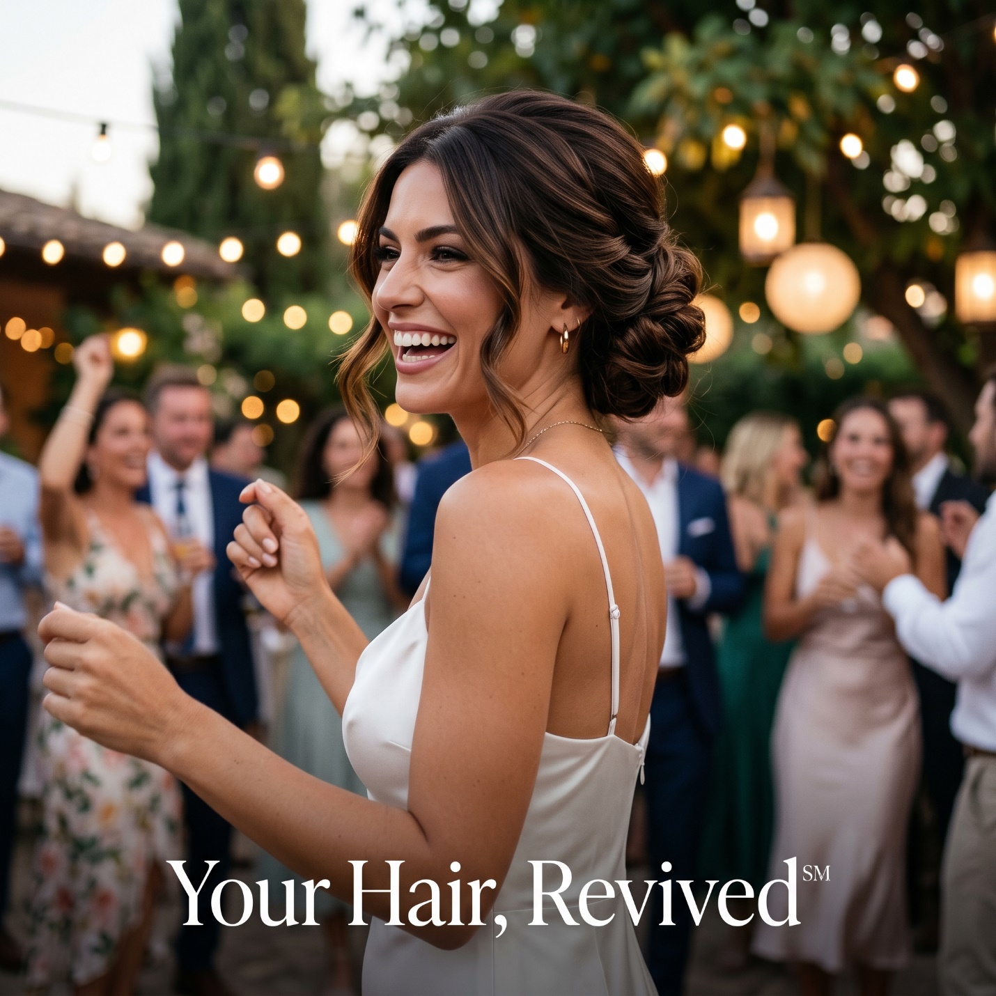 Bride dancing at an outdoor summer reception with a secure low chignon and Your Hair Revived caption.