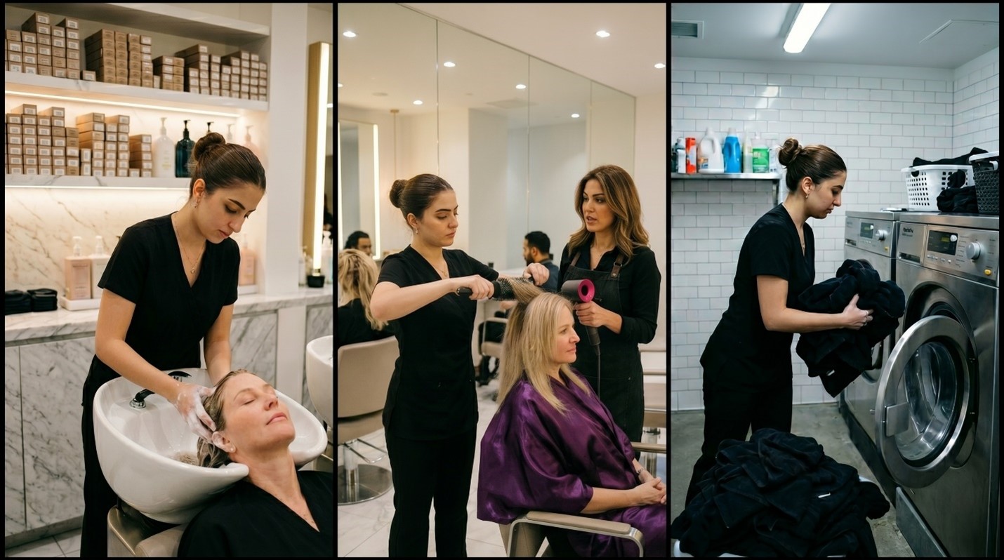 Salon assistant shampooing, blow-drying under supervision, and handling salon laundry.