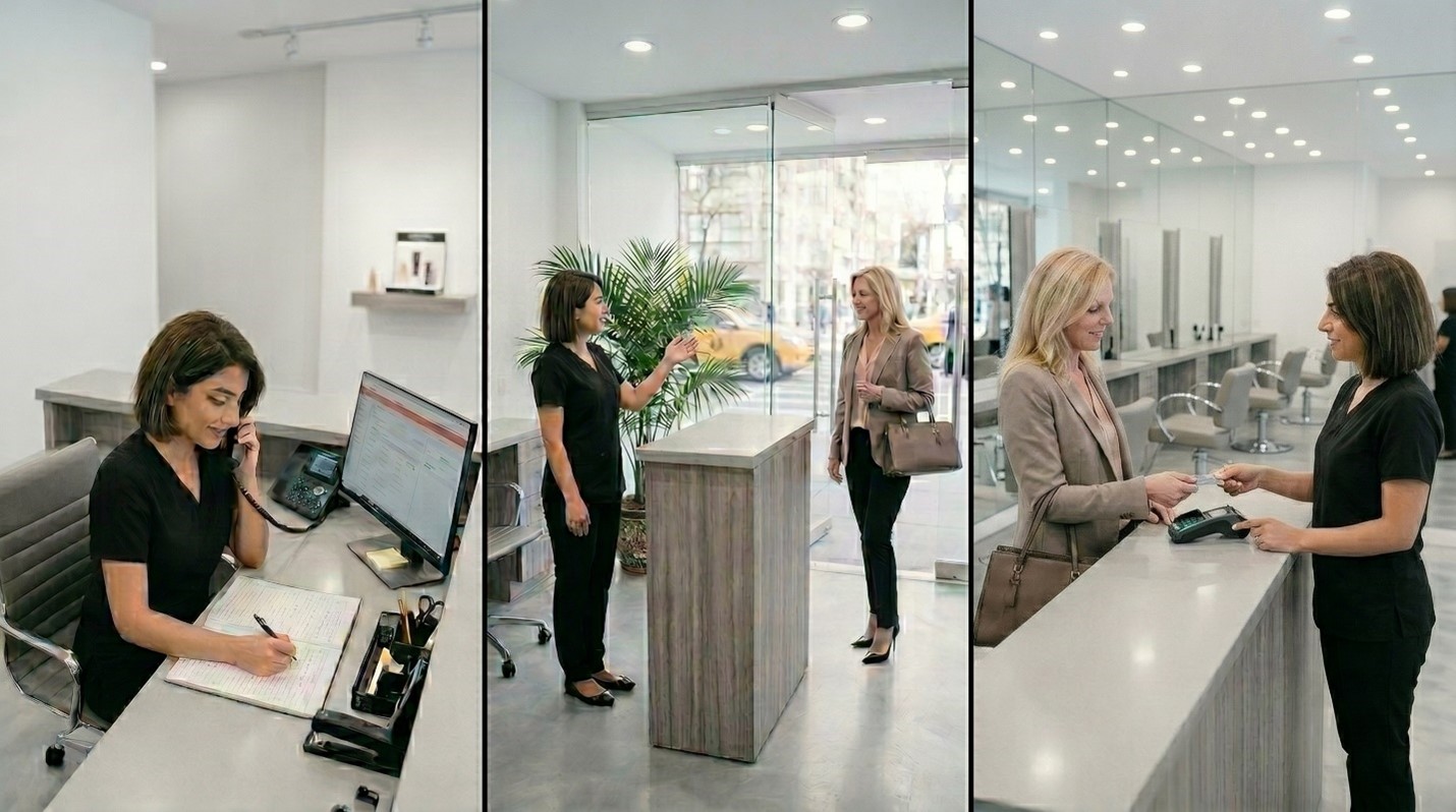 Front desk receptionist handling calls, greeting a client, and coordinating checkout.