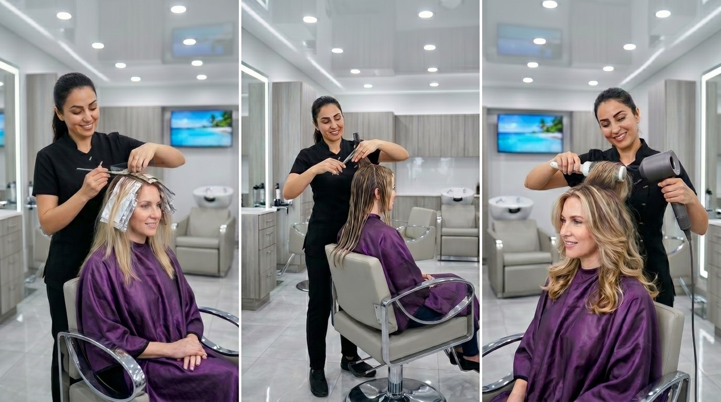 Stylist working through highlights, precision cutting, and blowout styling in a salon.