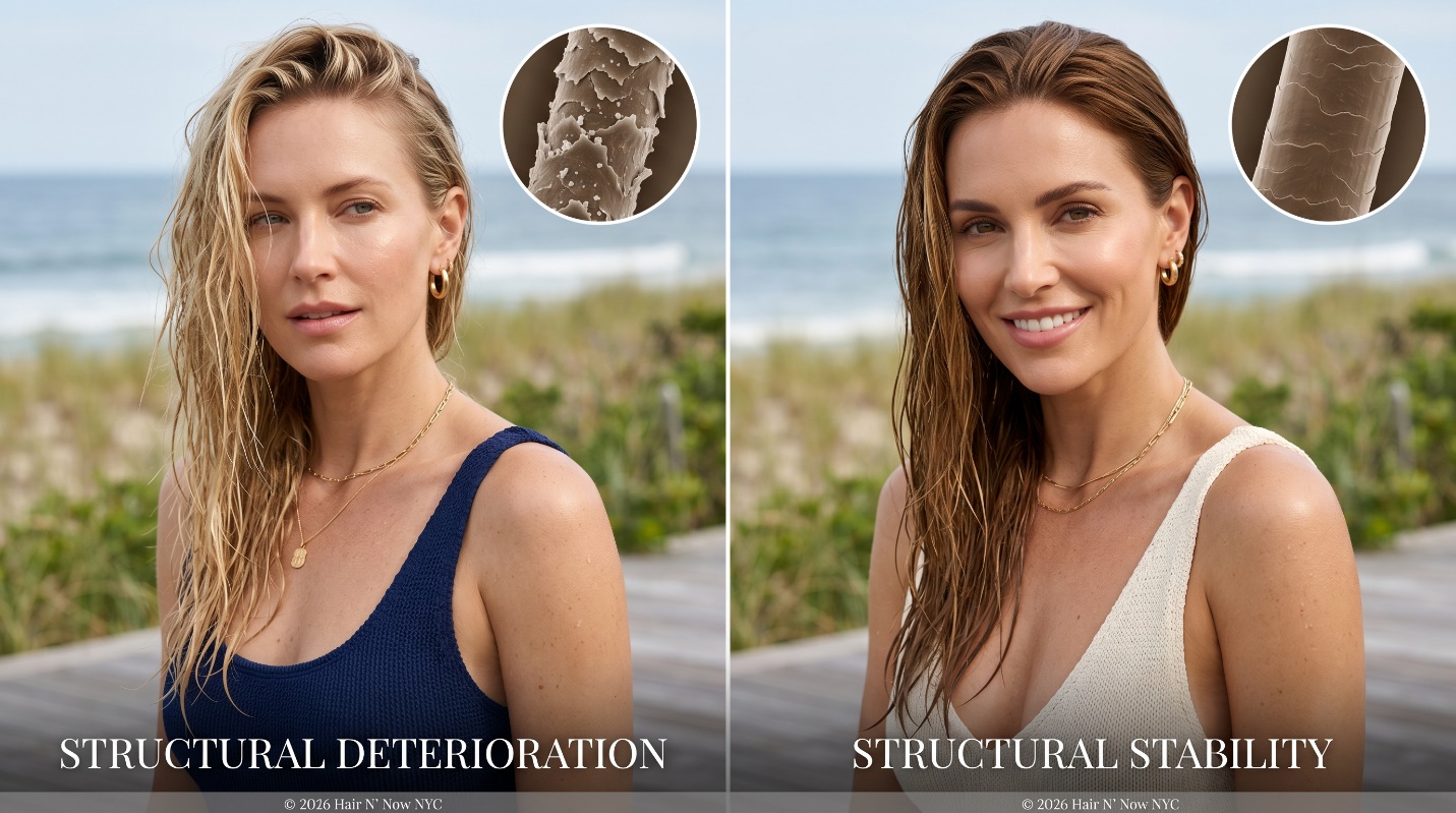 Side-by-side beach diagnostic hero image comparing saltwater structural deterioration with professionally protected structural stability.