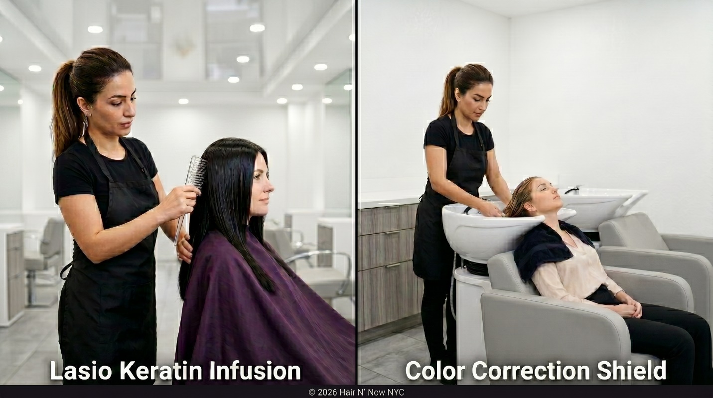 Salon diptych showing Lasio Keratin Infusion and Color Correction Shield treatments as pre-vacation protection for beach hair.