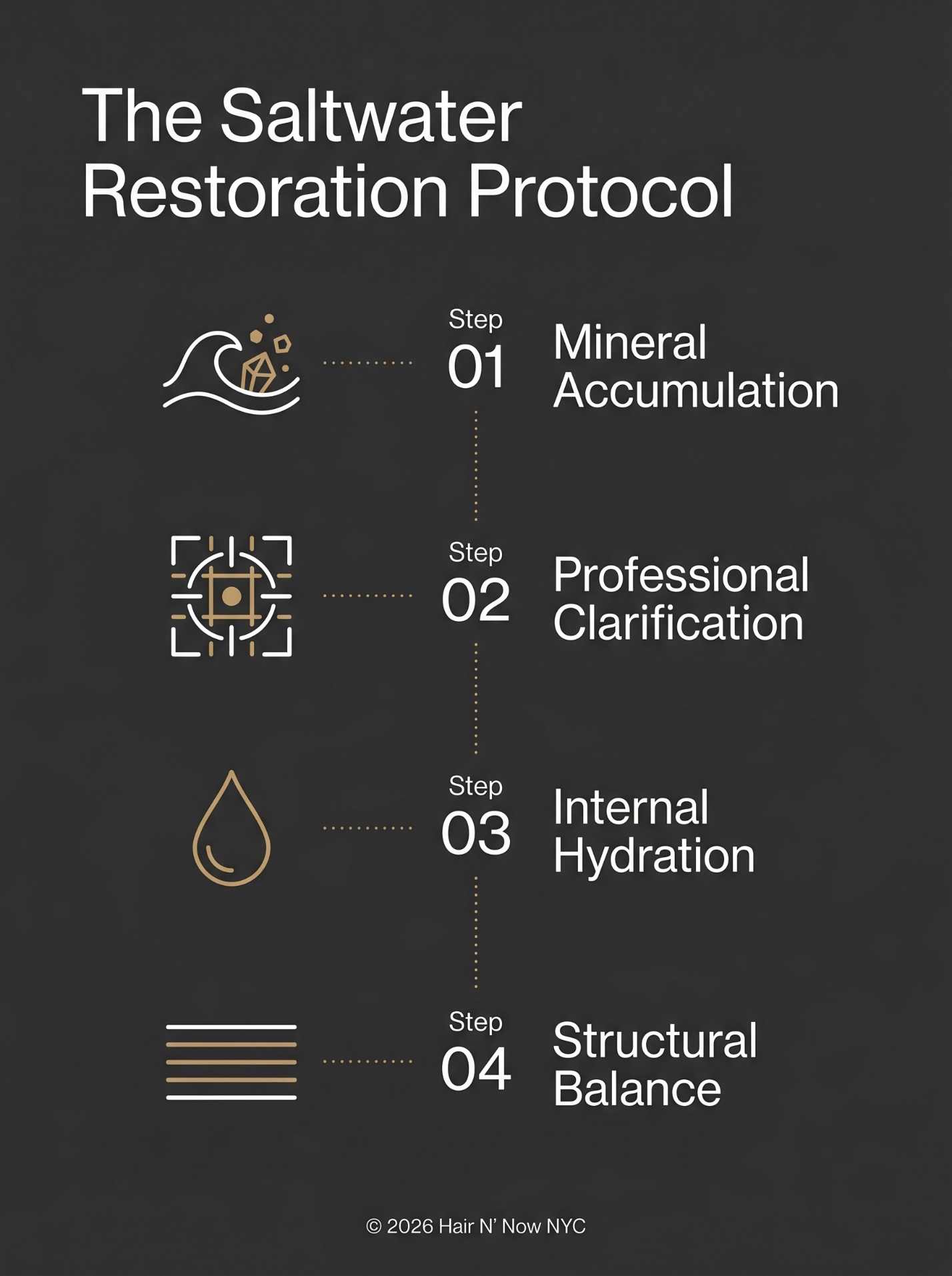The Saltwater Restoration Protocol infographic showing mineral accumulation, professional clarification, internal hydration, and structural balance.