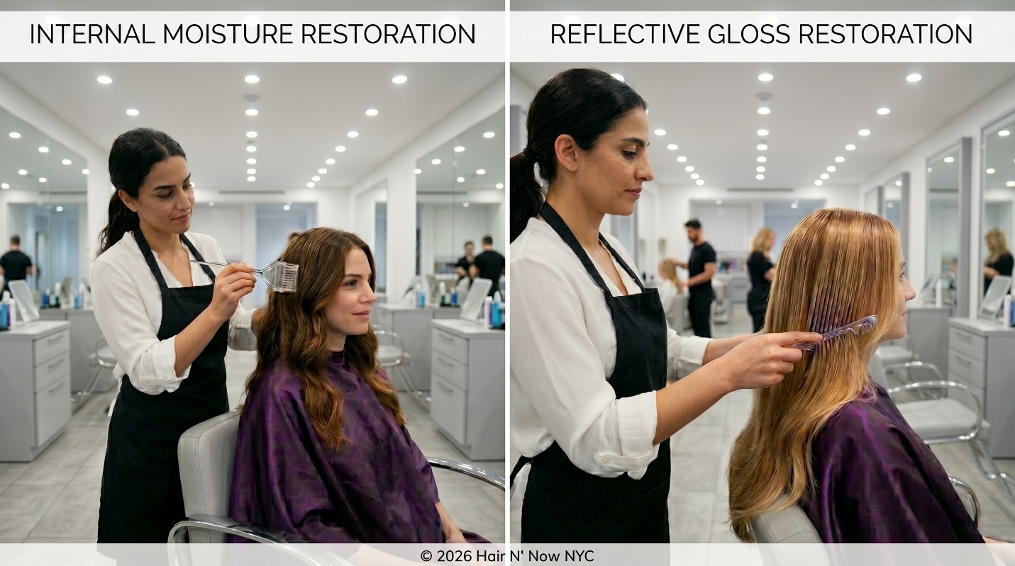Salon diptych showing internal moisture restoration and reflective gloss restoration treatments to repair beach hair after saltwater exposure.