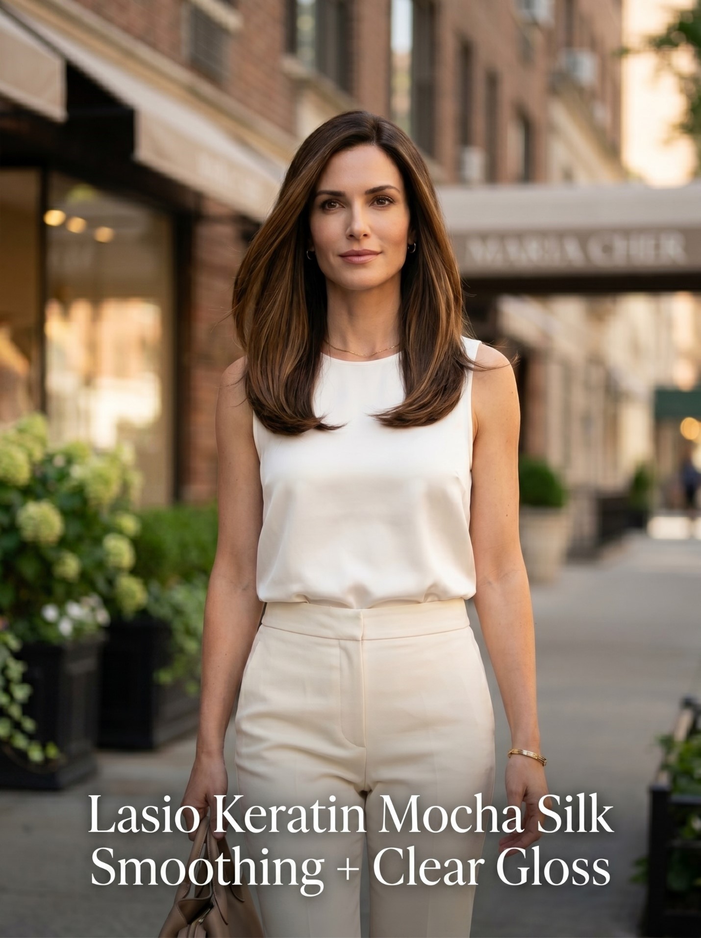 June 2026 Humidity-Proof Silk Hair monthly promotion showing a woman with smooth brunette hair on the Upper East Side, captioned Lasio Keratin Mocha Silk Smoothing plus Clear Gloss.