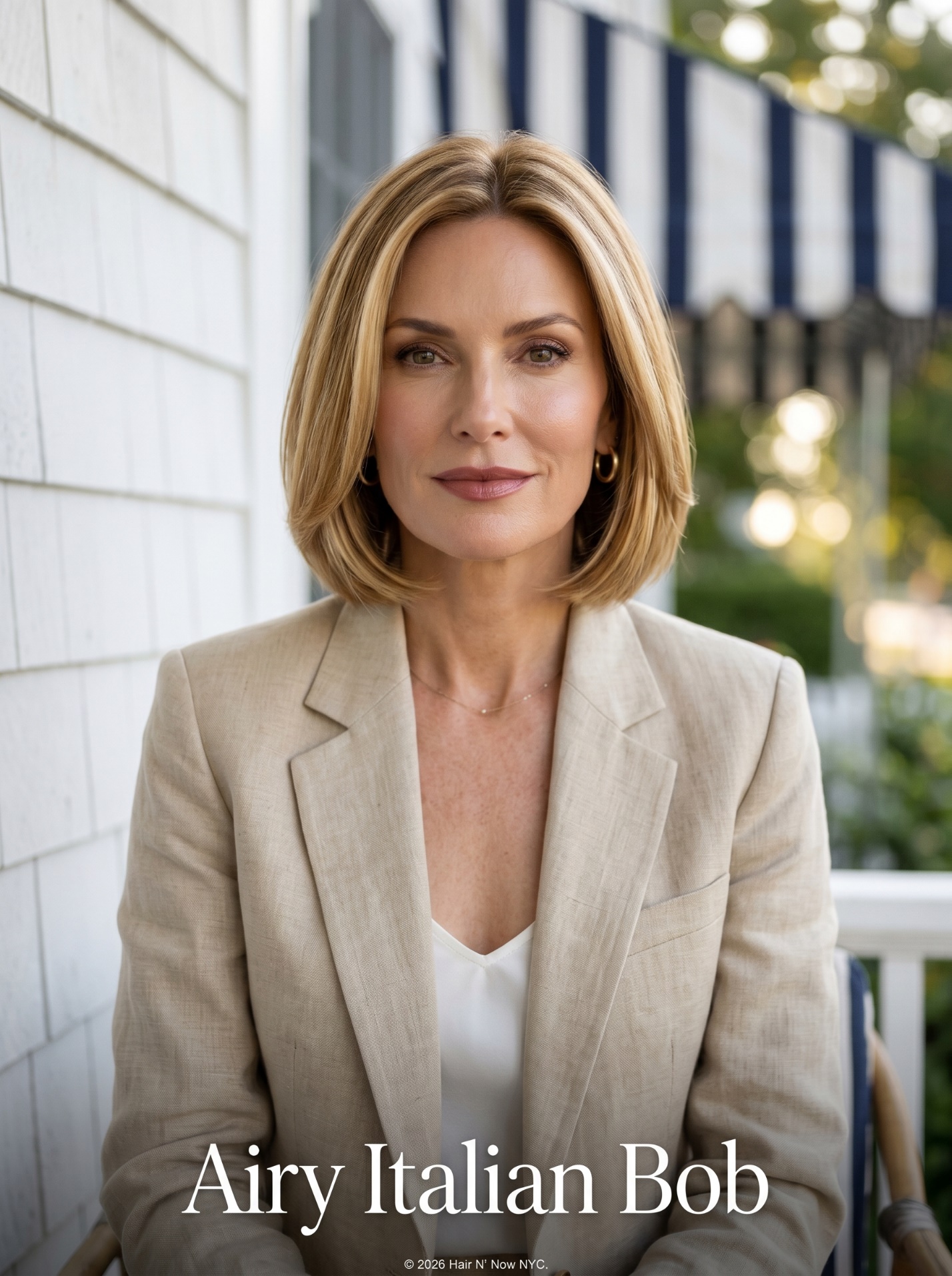 Woman at a Sag Harbor veranda wearing an Airy Italian Bob with golden-blonde shine and internal weight-removal layering.