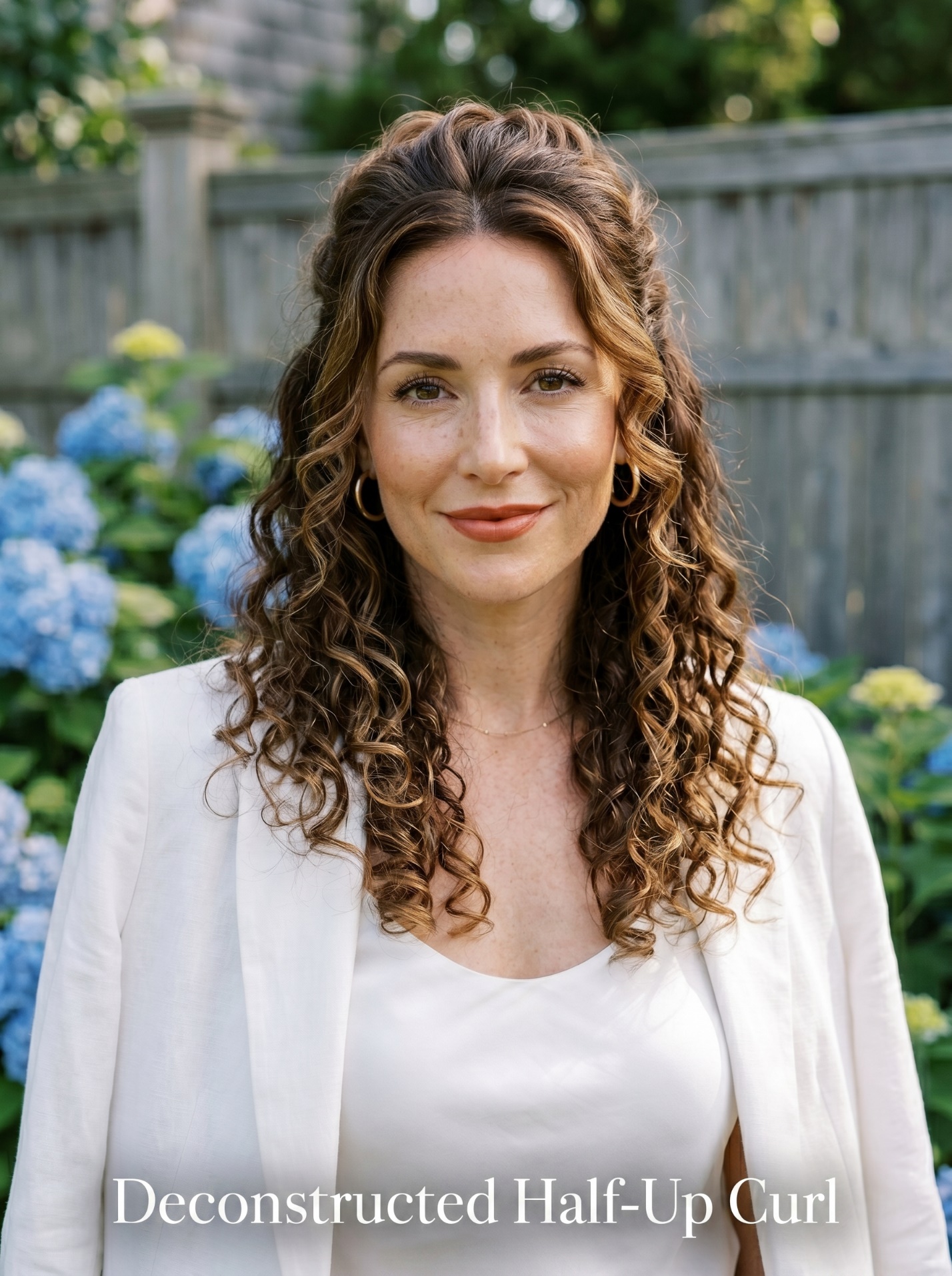 Woman near a Bridgehampton pool house wearing a Deconstructed Half-Up Curl hairstyle with defined caramel-highlighted curls.