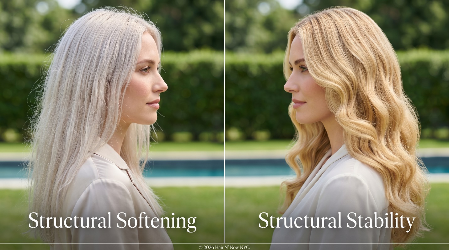Side-by-side East Hampton resort lawn hero image comparing structural hair softening with structural stability under coastal humidity.