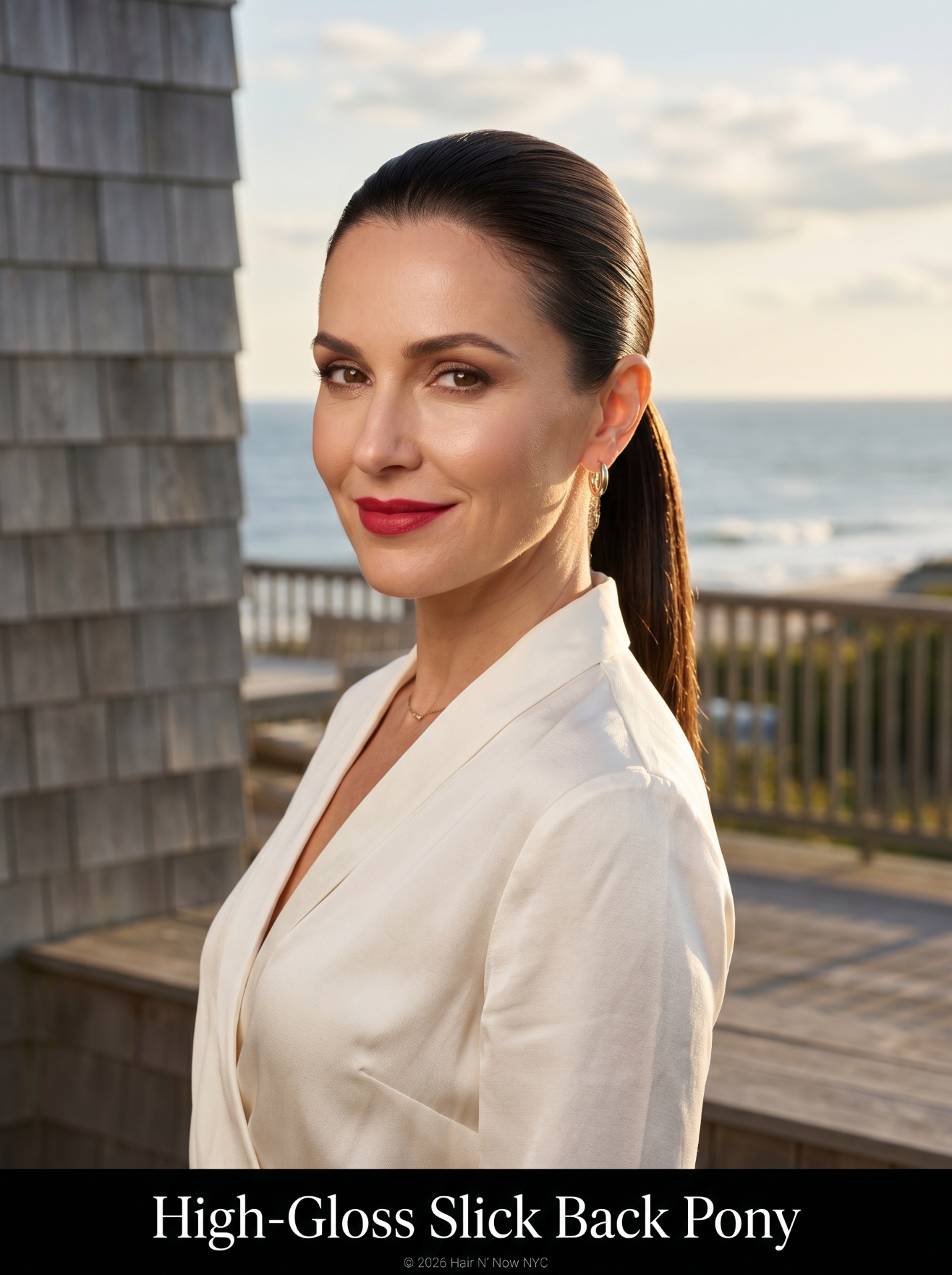 Woman at The Surf Lodge in Montauk wearing a High-Gloss Slick Back Pony with espresso brown anti-humidity shine.