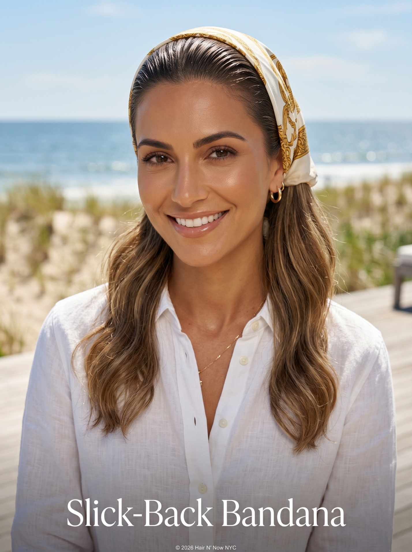 Woman on a Southampton beachfront estate deck wearing a Slick-Back Bandana hairstyle with gloss-gelled roots and soft waves.