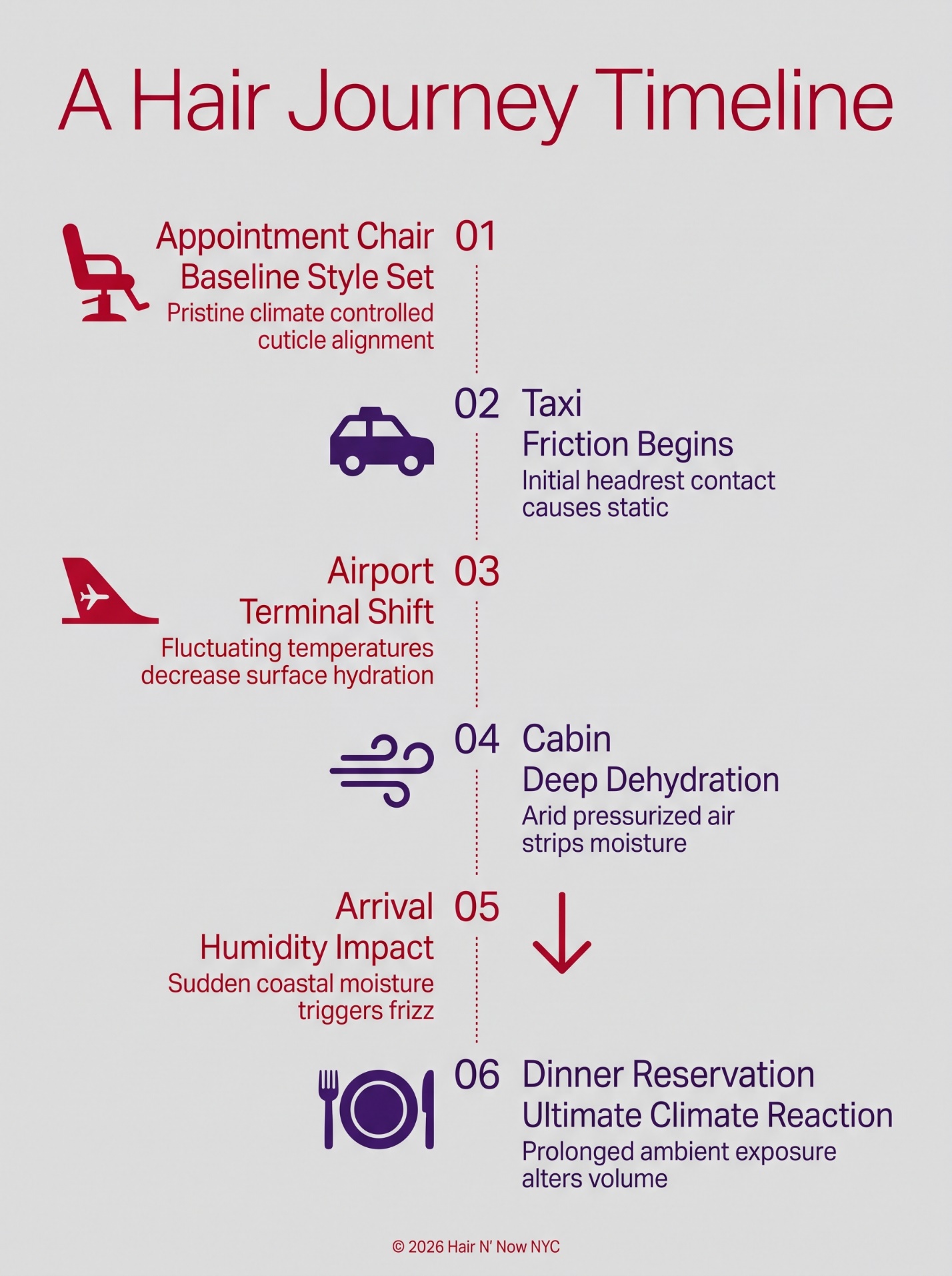 A Hair Journey Timeline infographic showing appointment chair, taxi, airport, cabin, arrival, and dinner-reservation hair stressors.