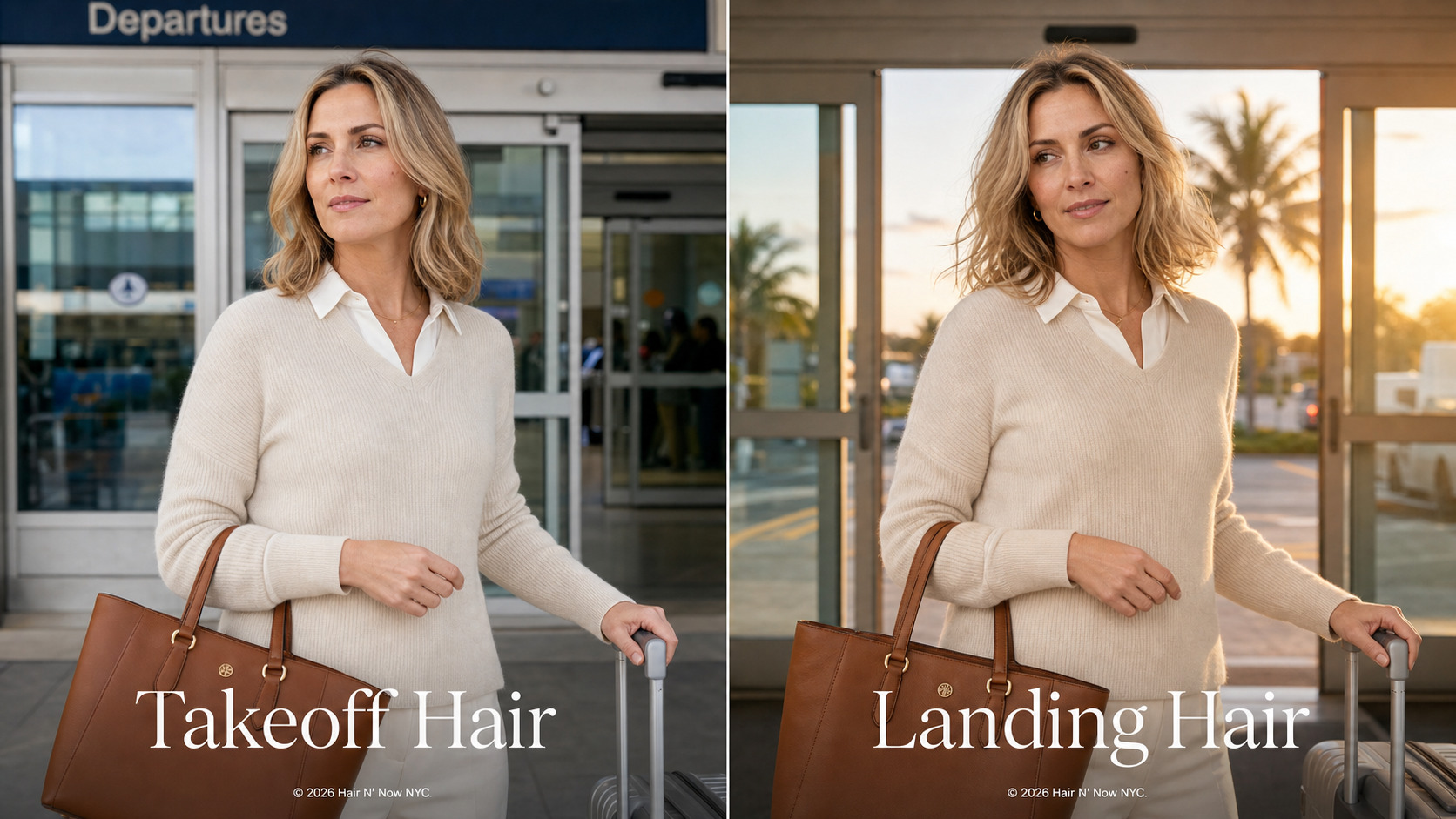 Side-by-side airport travel hair hero comparing polished takeoff hair with textured landing hair after a summer flight.