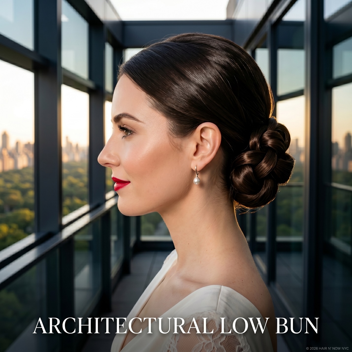 Side-profile bride on a penthouse balcony wearing an Architectural Low Bun with sculpted knots and glossy espresso hair.