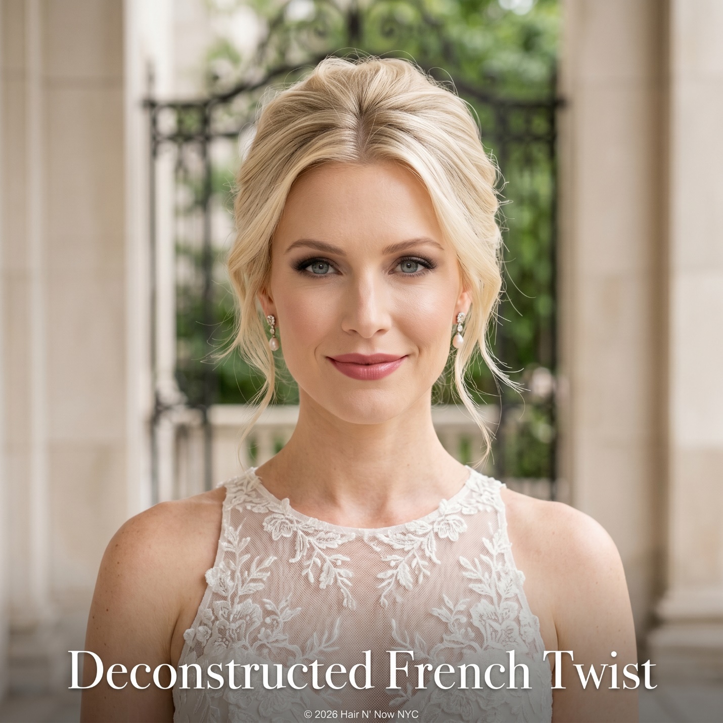 Bride at a historic Upper East Side terrace wearing a Deconstructed French Twist with buttercream blonde shine and intentional face-framing pieces.