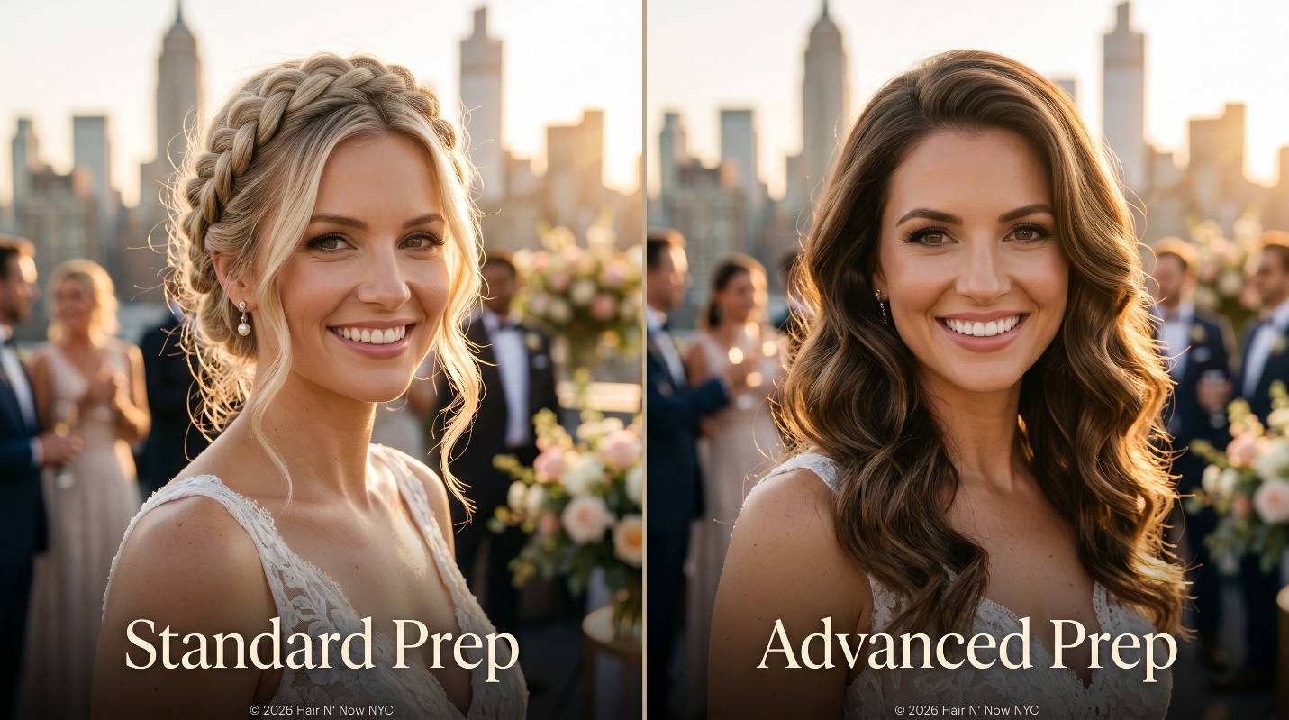 Side-by-side Manhattan rooftop wedding hero image comparing standard bridal prep with advanced prep for summer wedding hairstyles.