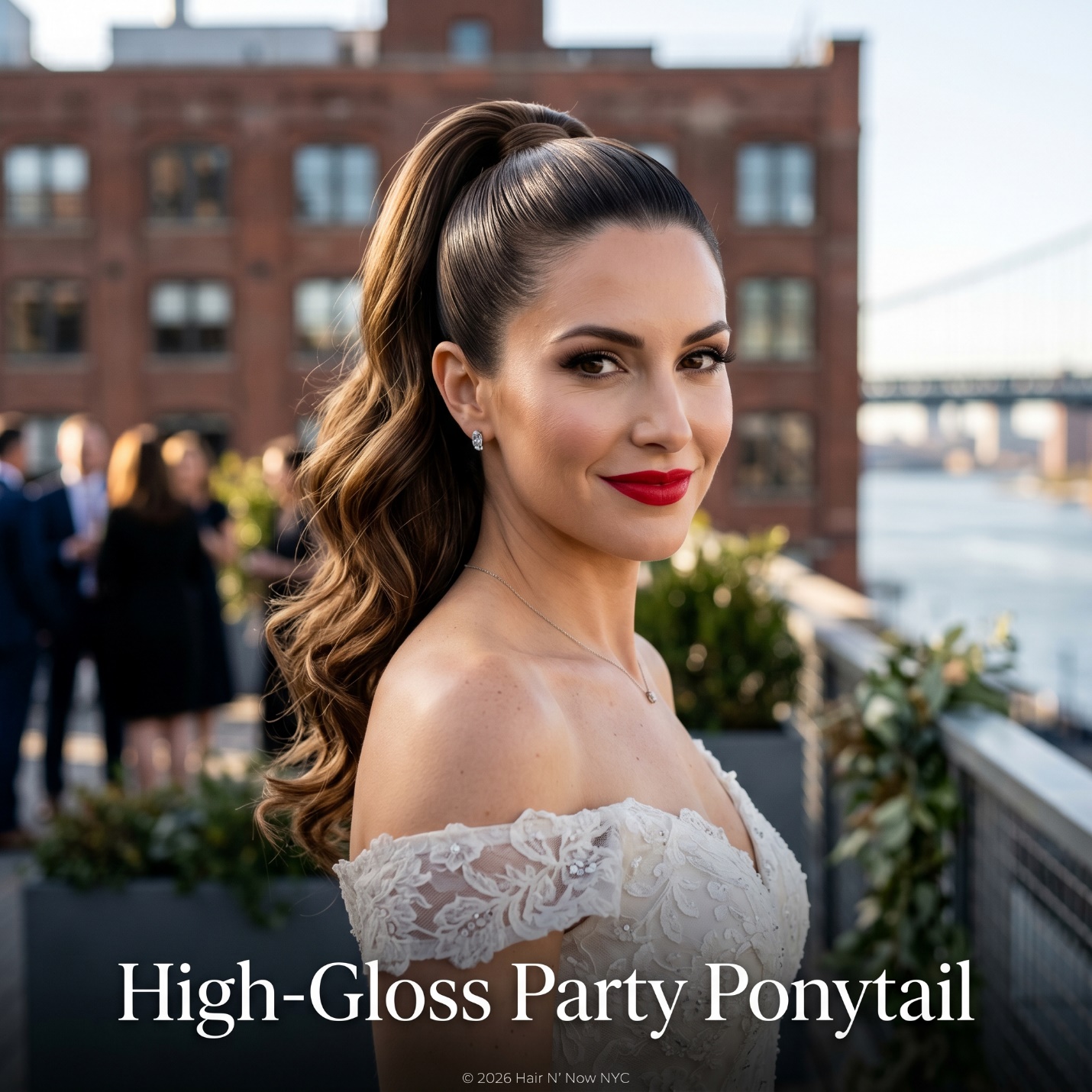 Bride near an East River industrial loft terrace wearing a High-Gloss Party Ponytail with a smooth crown and textured movement.