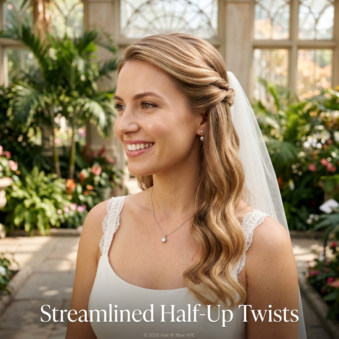 Bride in a Yorkville conservatory garden patio wearing Streamlined Half-Up Twists with a secure veil and glossy honey-blonde hair.