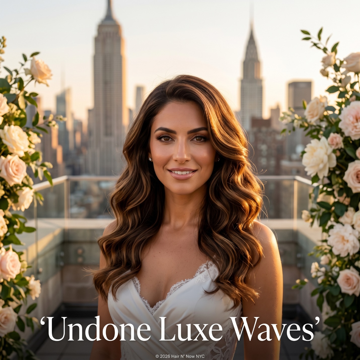 Bride on a Manhattan rooftop terrace wearing Undone Luxe Waves with glossy chestnut hair and internal structure for humid wedding weather.