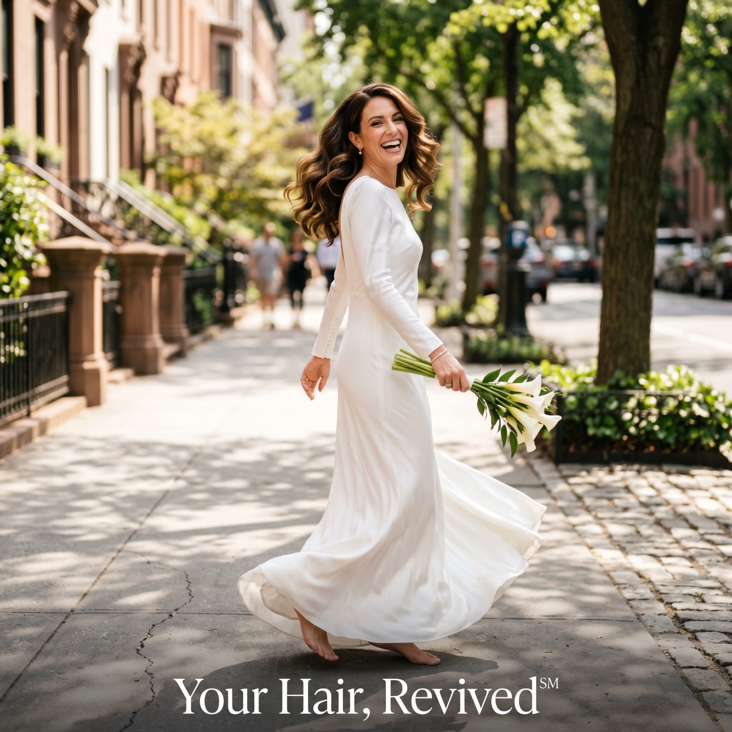 Brunette bride spinning on a sunlit Upper East Side sidewalk with Undone Luxe Waves and the Your Hair Revived caption.