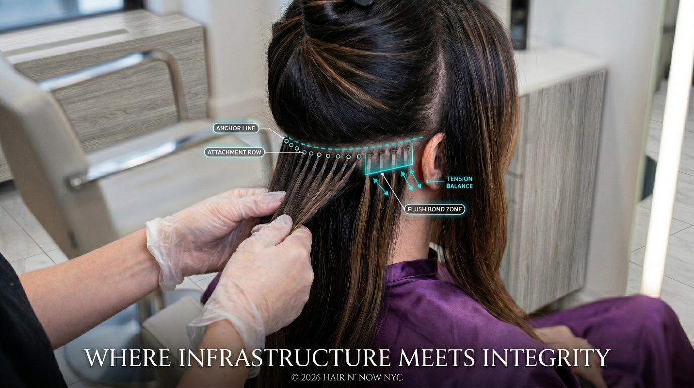 Technical salon close-up mapping keratin bond extension anchor lines, attachment rows, flush bond zones, and tension balance.