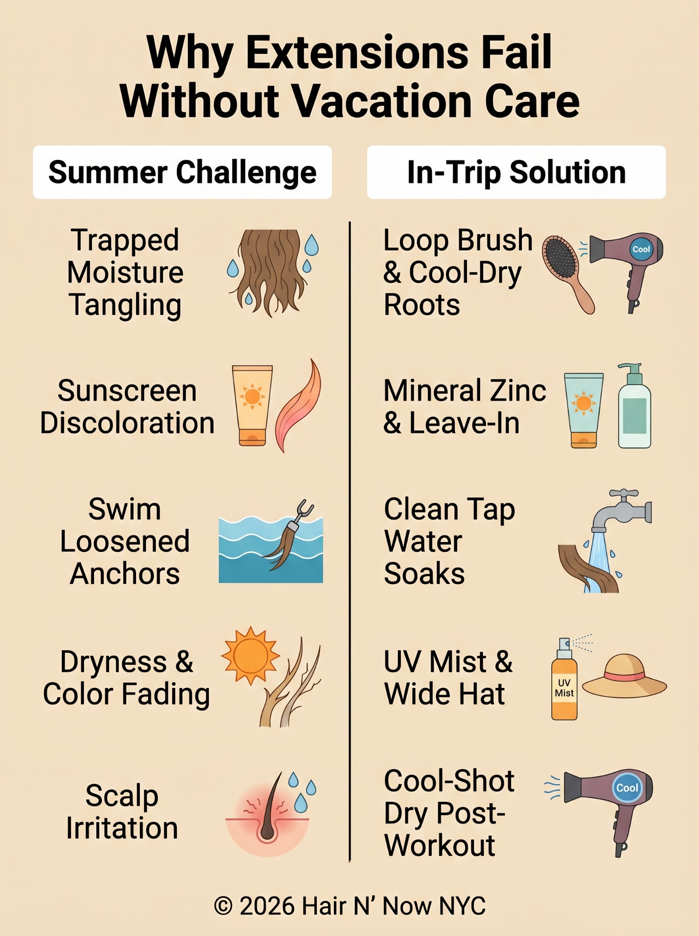 Top 5 summer hair extensions challenges infographic showing trapped moisture, sunscreen discoloration, swim-loosened anchors, dryness, and scalp irritation.