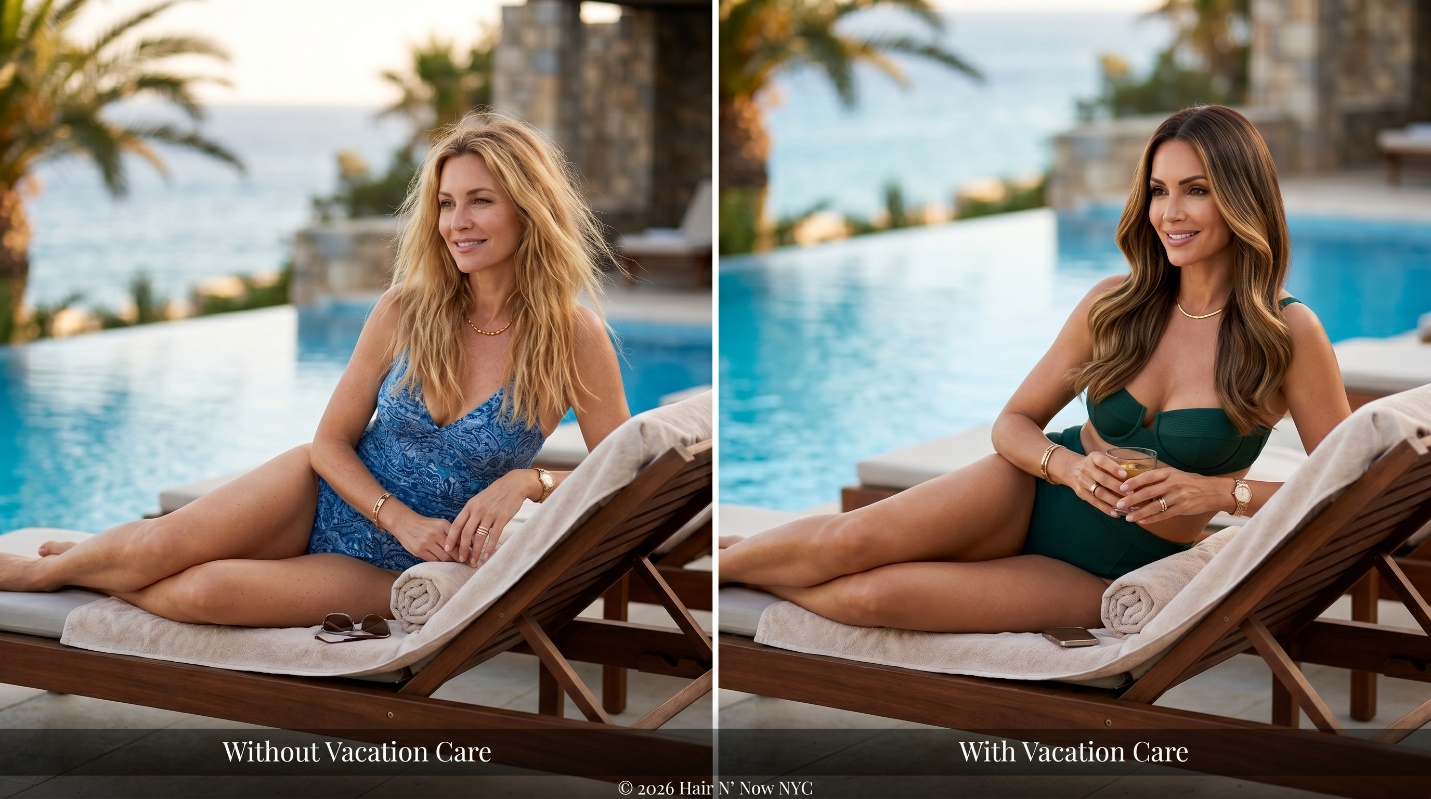 Side-by-side resort pool hero image comparing premium hair extensions without vacation care and with vacation care.