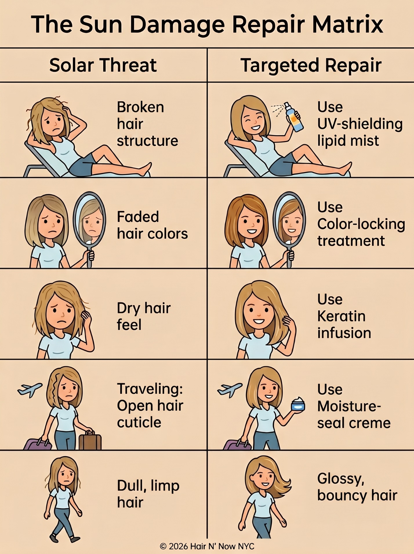 The Sun Damage Repair Matrix infographic comparing solar hair threats with targeted repair options for broken structure, faded color, dry feel, open cuticle, and dull hair.