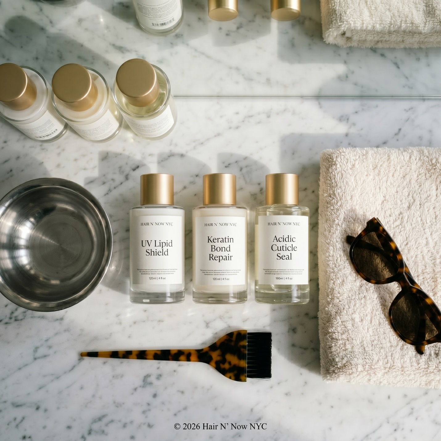 Luxury salon flat lay of UV Lipid Shield, Keratin Bond Repair, and Acidic Cuticle Seal bottles on marble with towels, sunglasses, and a color bowl.