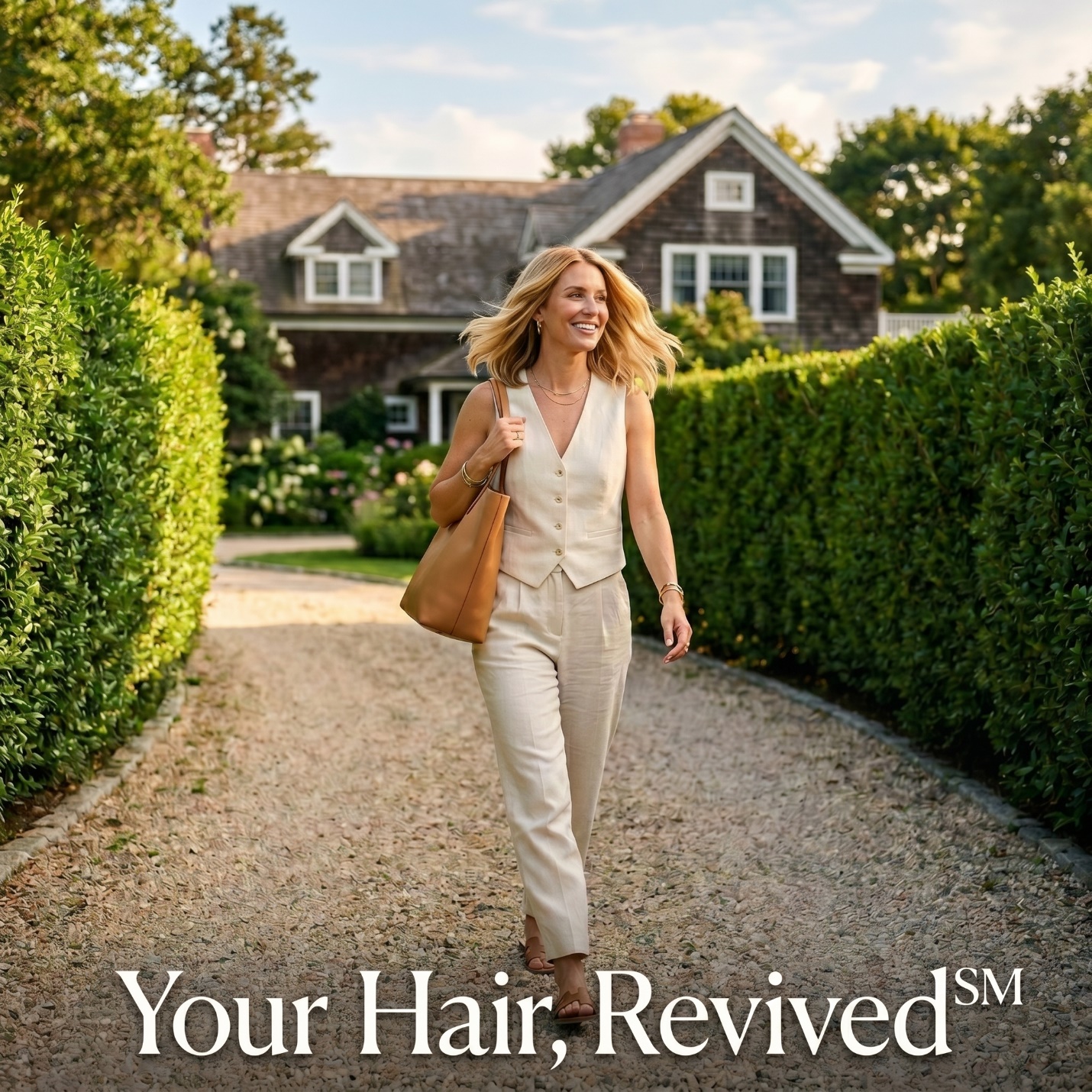 Blonde woman with glossy revived hair walking along a hedge-lined East Hampton driveway with the Your Hair Revived caption.