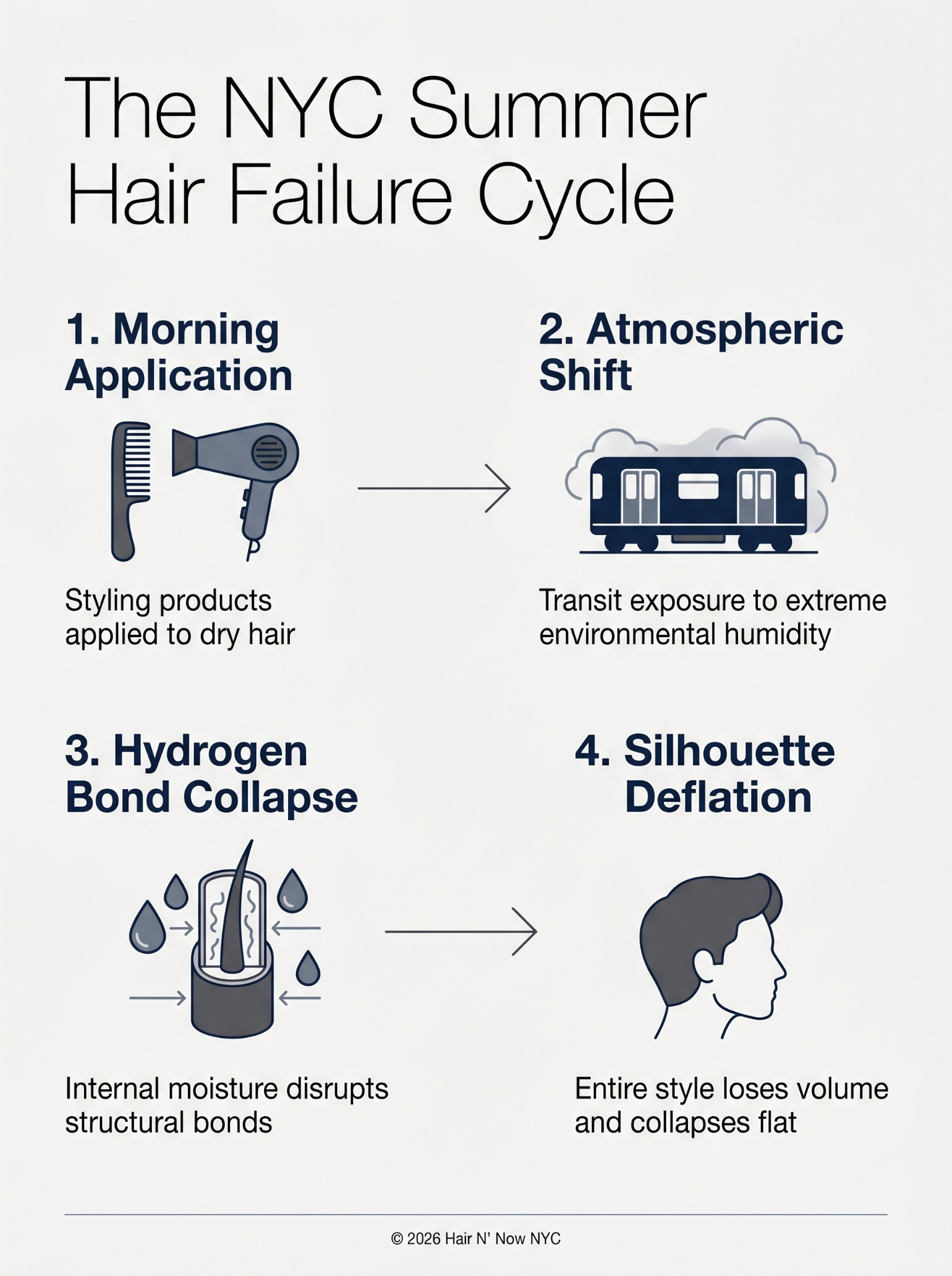The NYC Summer Hair Failure Cycle infographic showing morning styling, atmospheric shift, hydrogen bond collapse, and silhouette deflation.