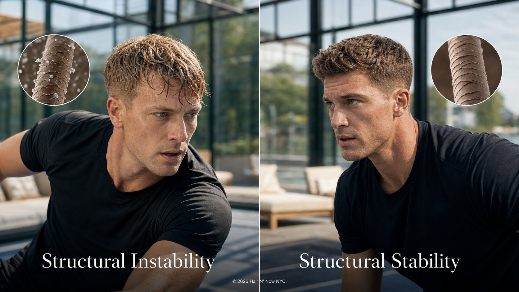 Side-by-side men’s summer hair diagnostic hero comparing structural instability and structural stability during a humid padel match.
