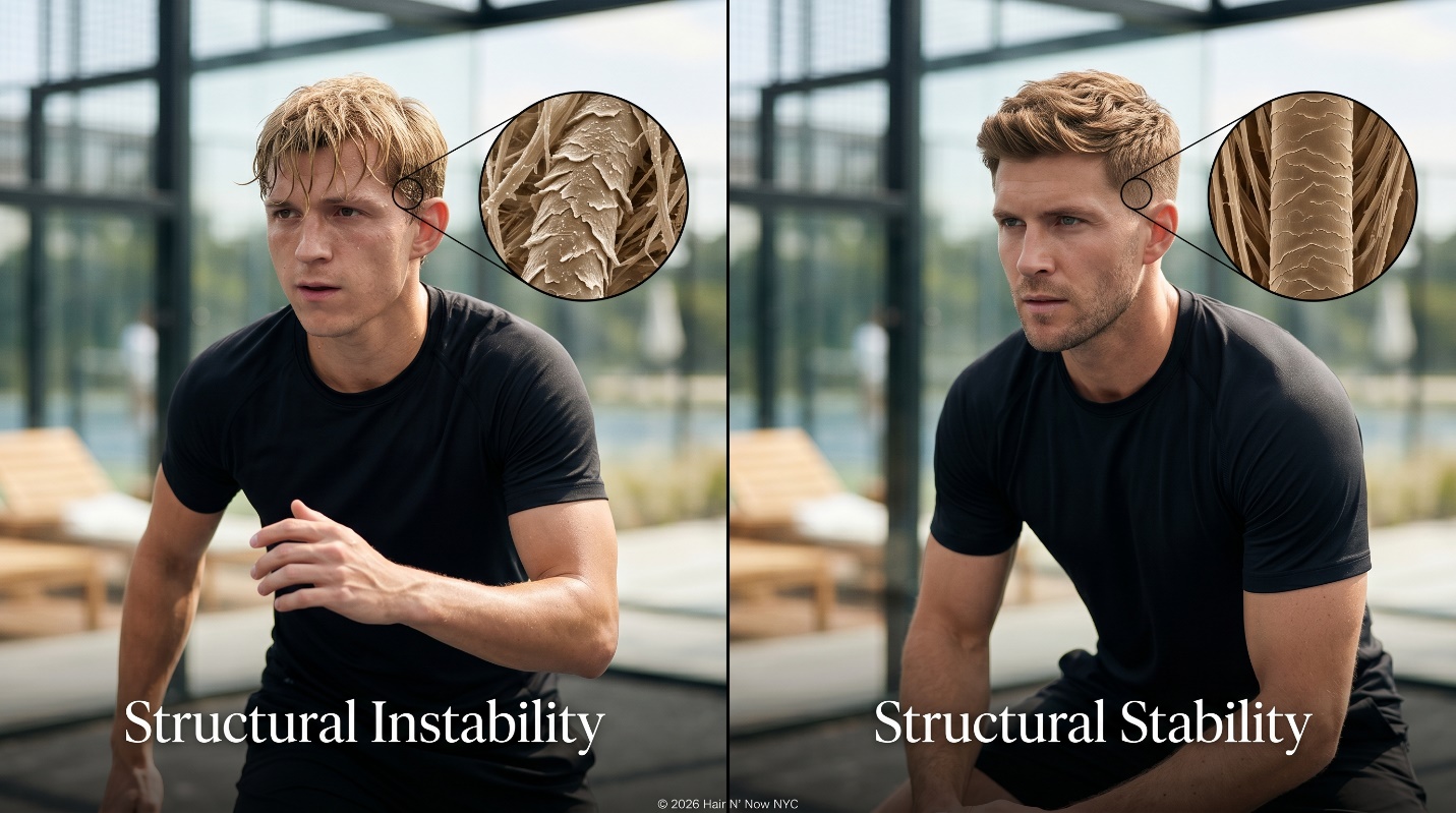 Side-by-side men’s summer hair diagnostic hero comparing structural instability and structural stability during a humid padel match.