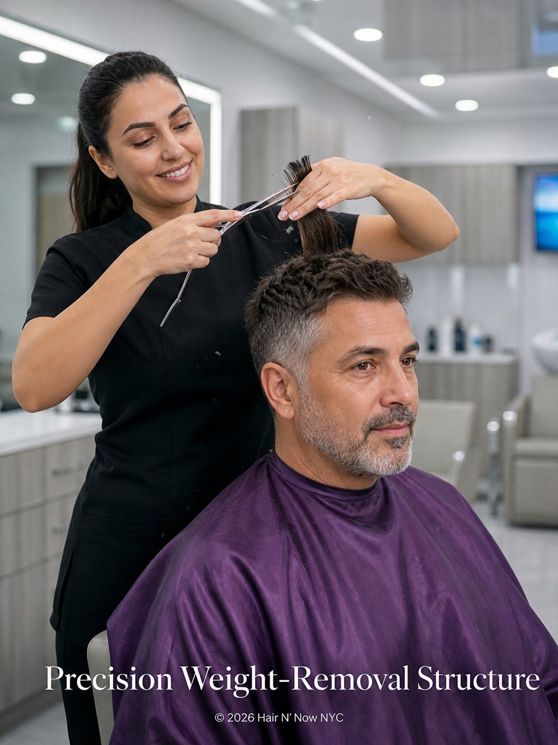 Close-up salon image of precision weight-removal structure being cut into a men’s summer haircut for better humidity control.
