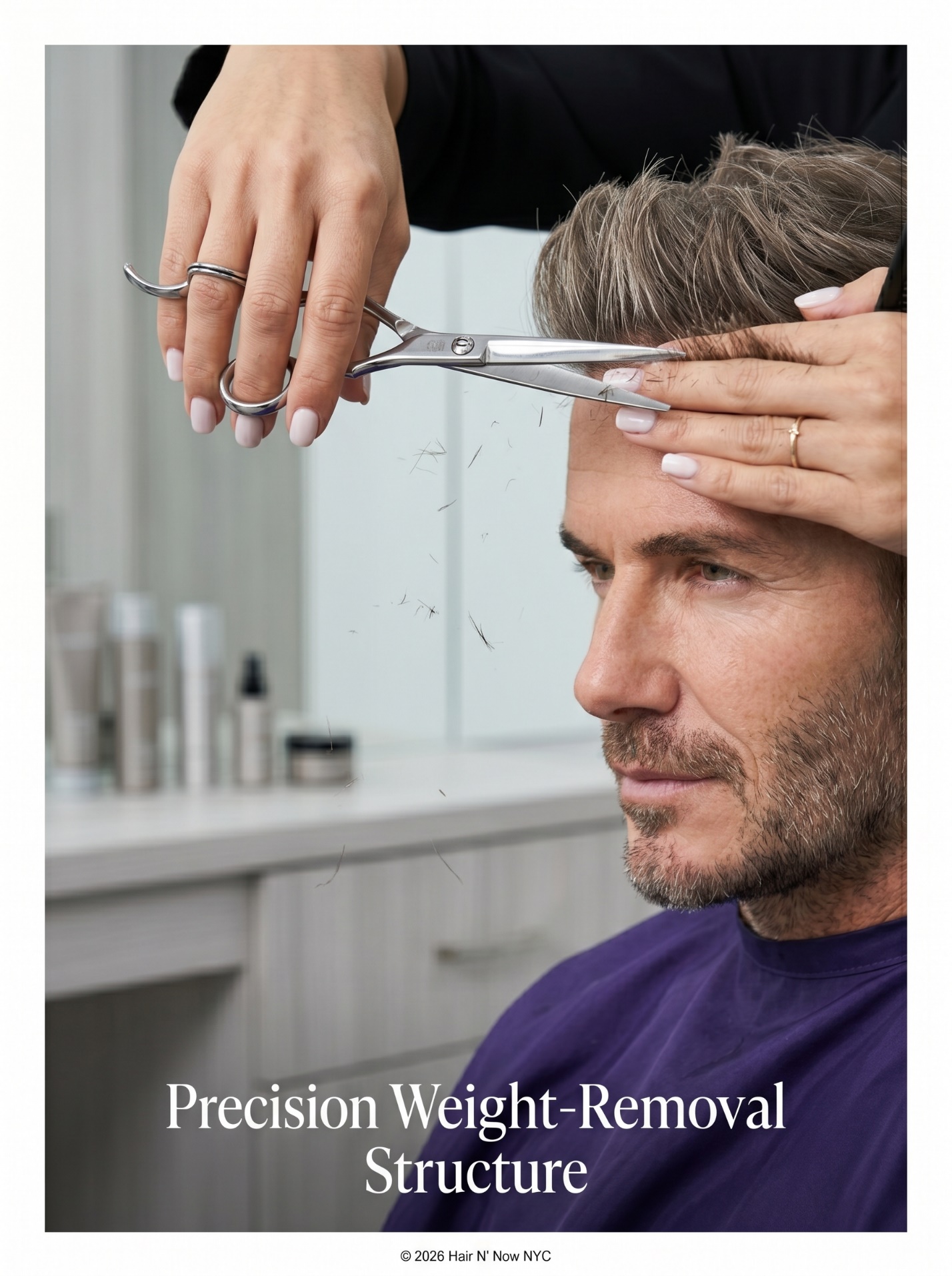 Close-up salon image of precision weight-removal structure being cut into a men’s summer haircut for better humidity control.
